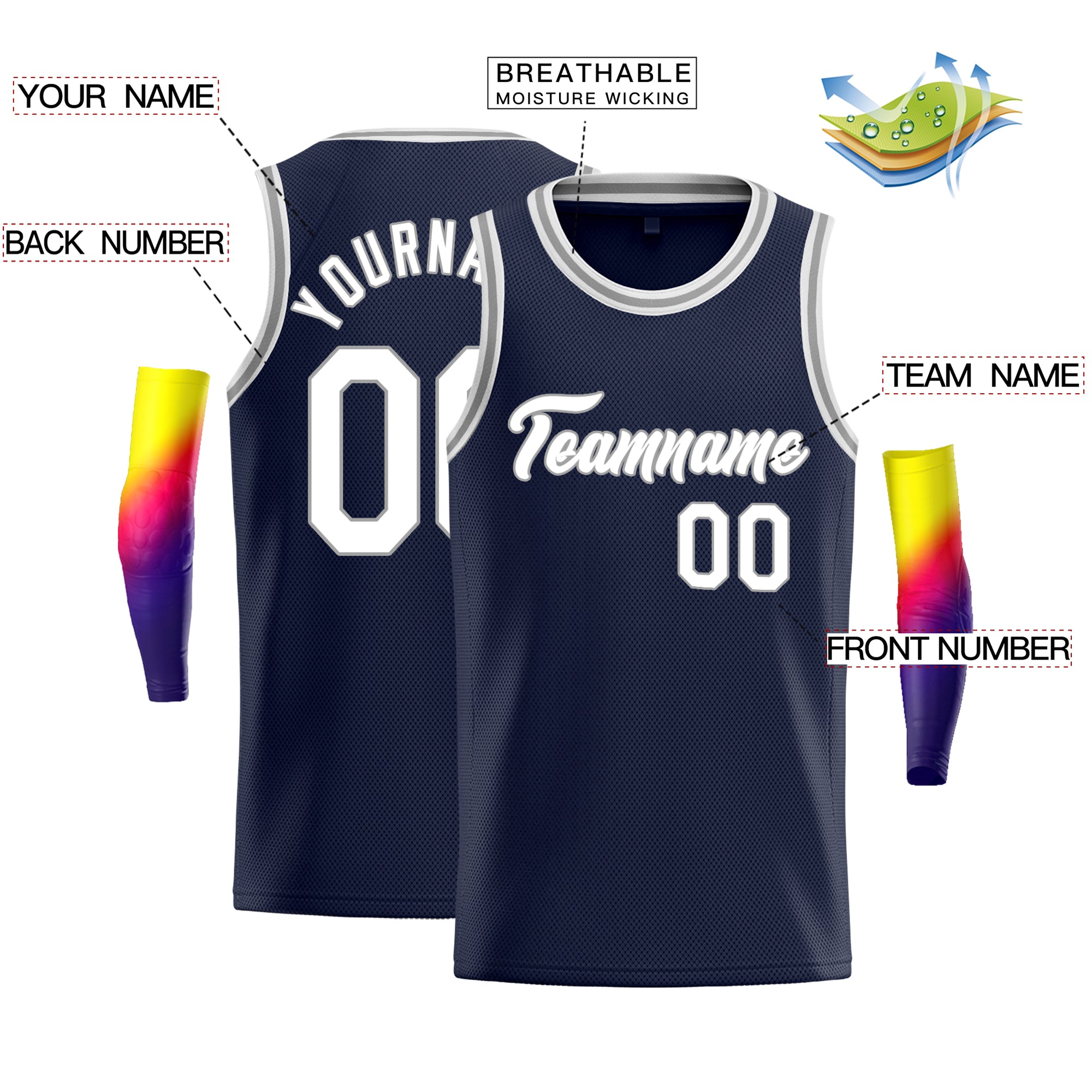 Custom Navy White-Grey Classic Tops Fashion Basketball Jersey