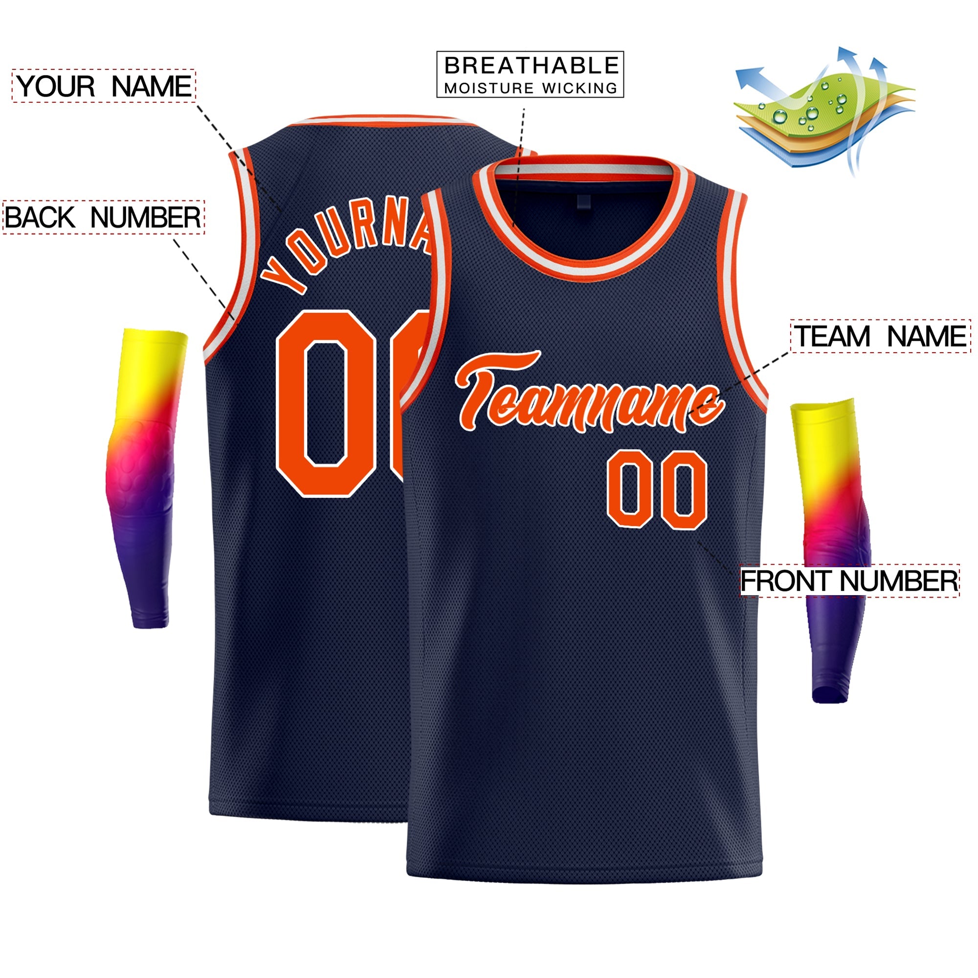 Maillot de basket-ball classique personnalisé, bleu marine, Orange-blanc