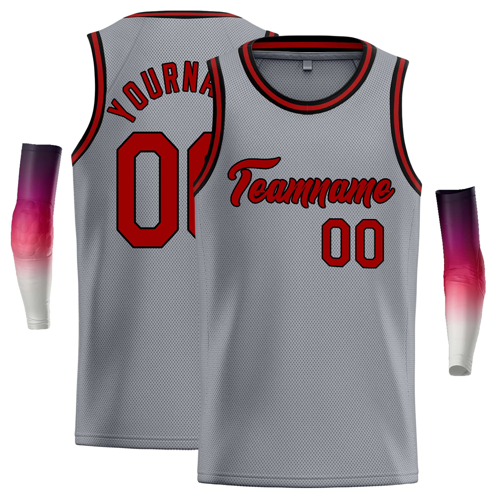 Maillot de basket-ball décontracté, haut classique personnalisé gris foncé rouge-noir