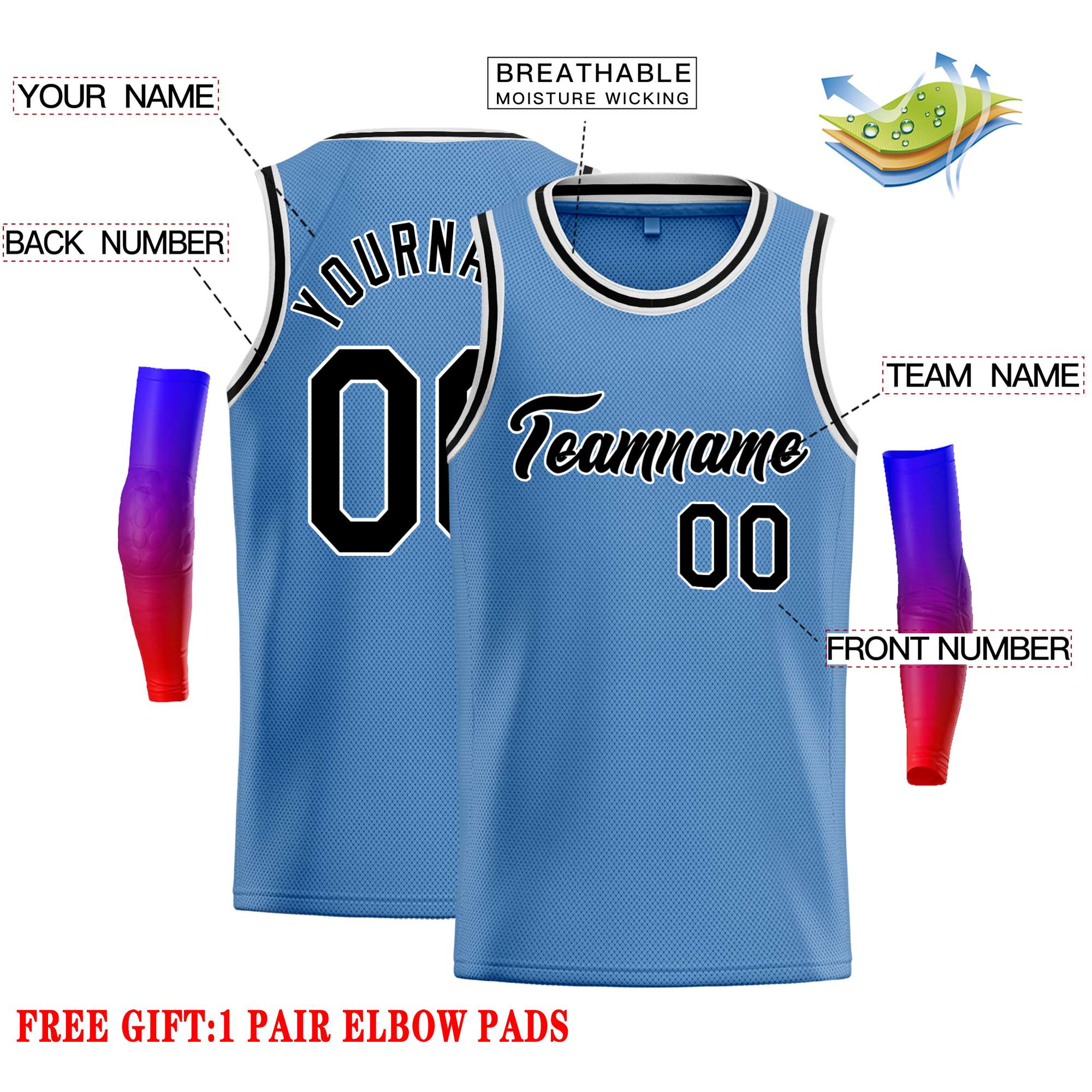 Custom Light Blue Black-White Classic Tops Casual Basketball Jersey