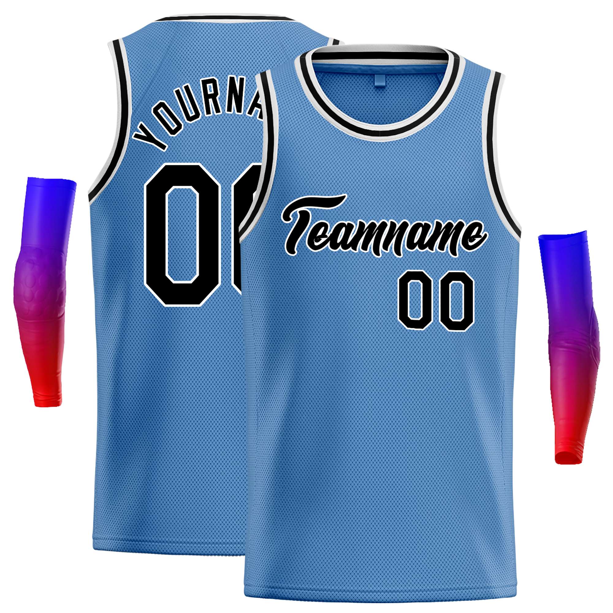 Maillot de basket-ball décontracté, personnalisé, bleu clair, noir et blanc, hauts classiques