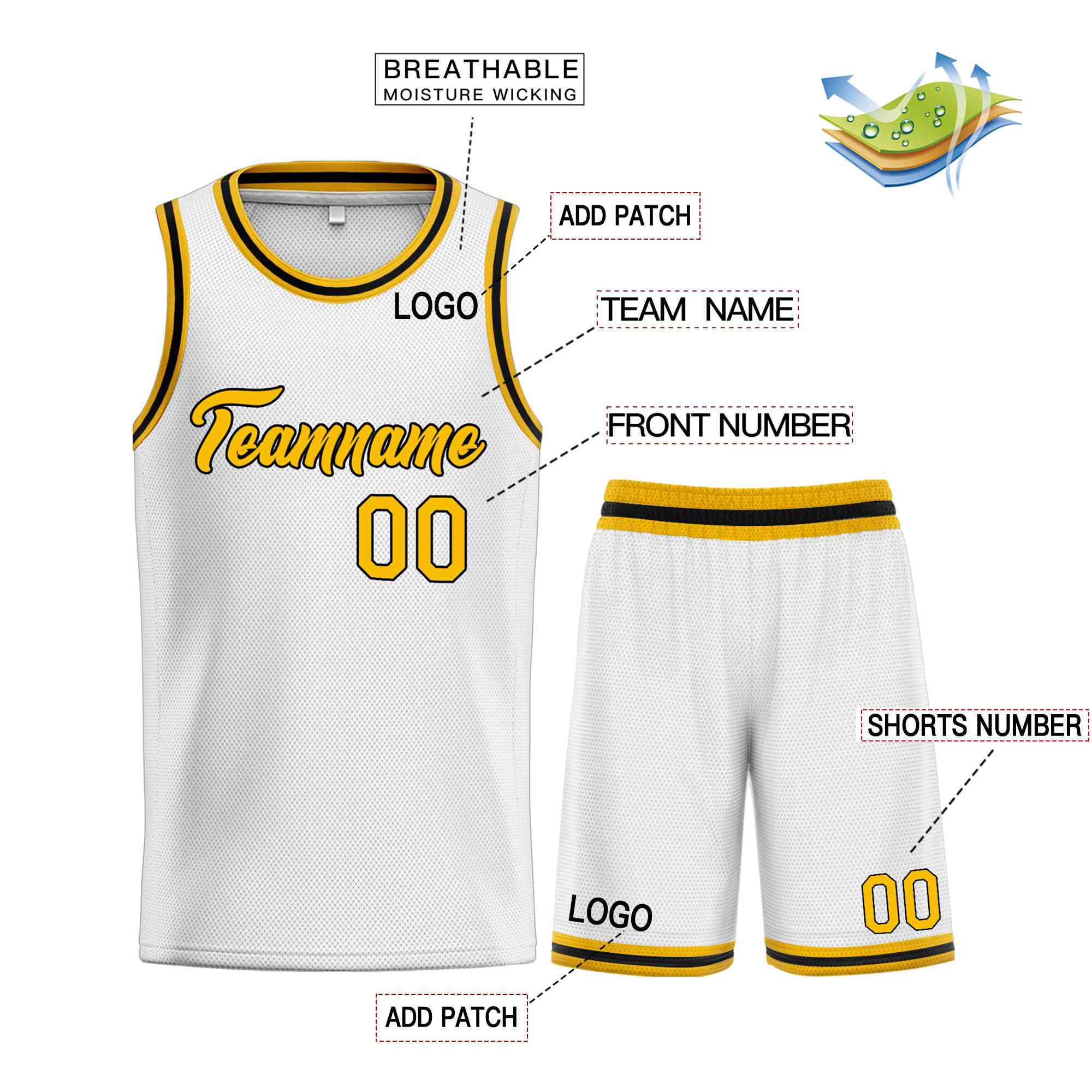 Custom White Yellow-Black Heal Sports Uniform Classic Sets Basketball Jersey