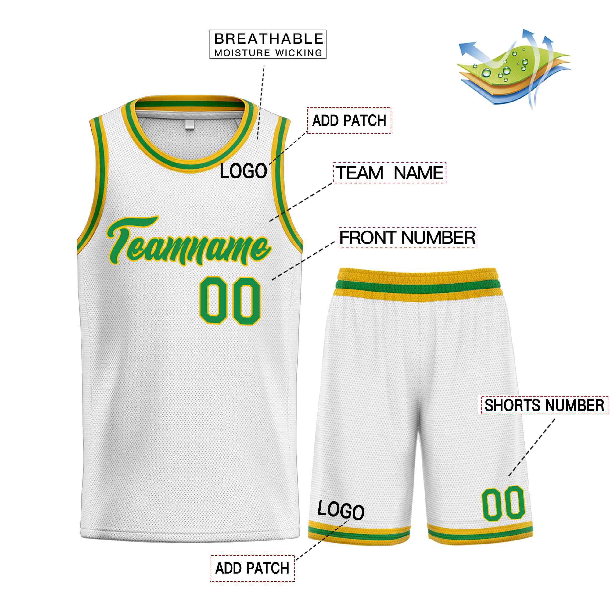 Uniforme de sport de guérison blanc vert-jaune personnalisé, ensembles classiques, maillot de basket-ball