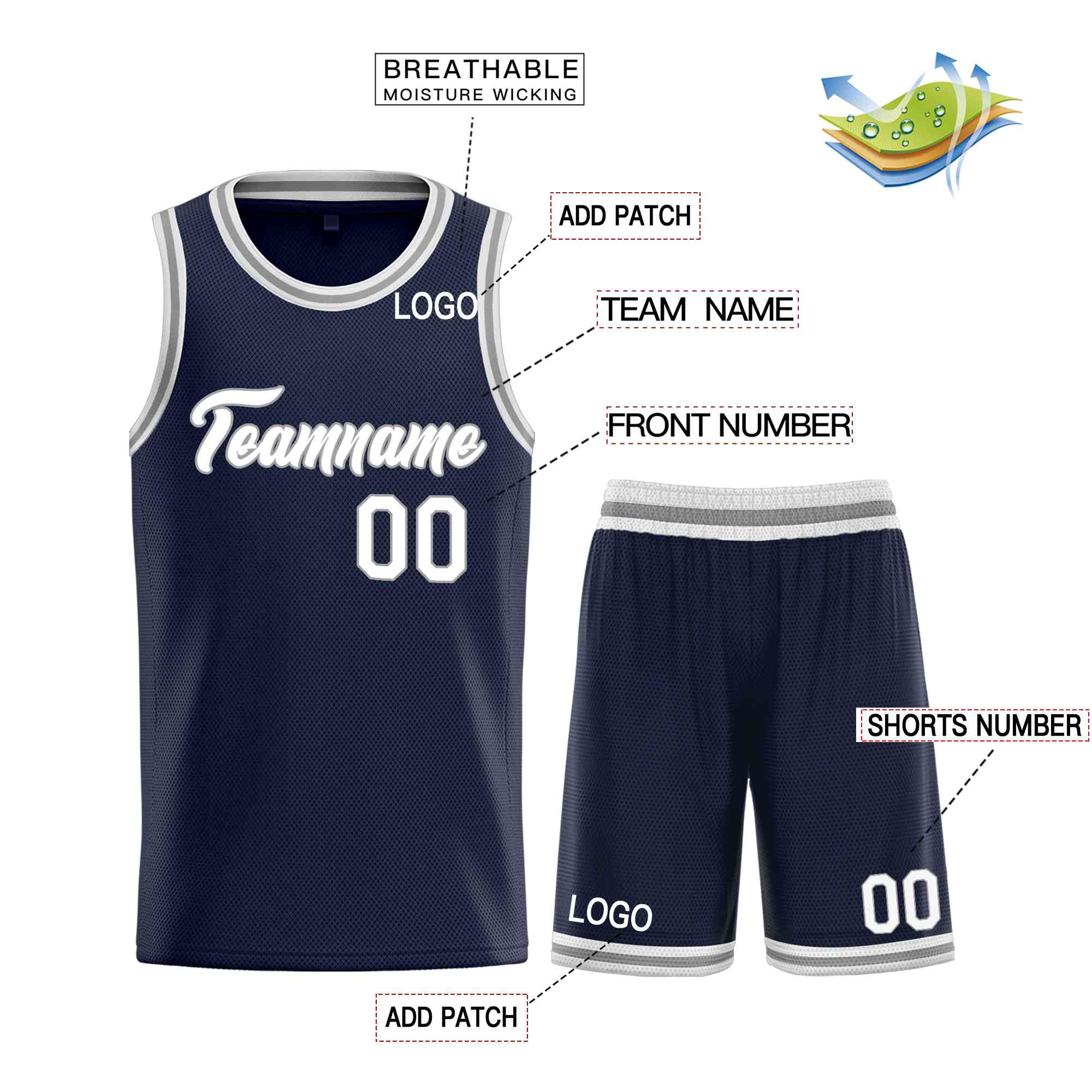 Custom Navy White-Gray Heal Sports Uniform Classic Sets Basketball Jersey