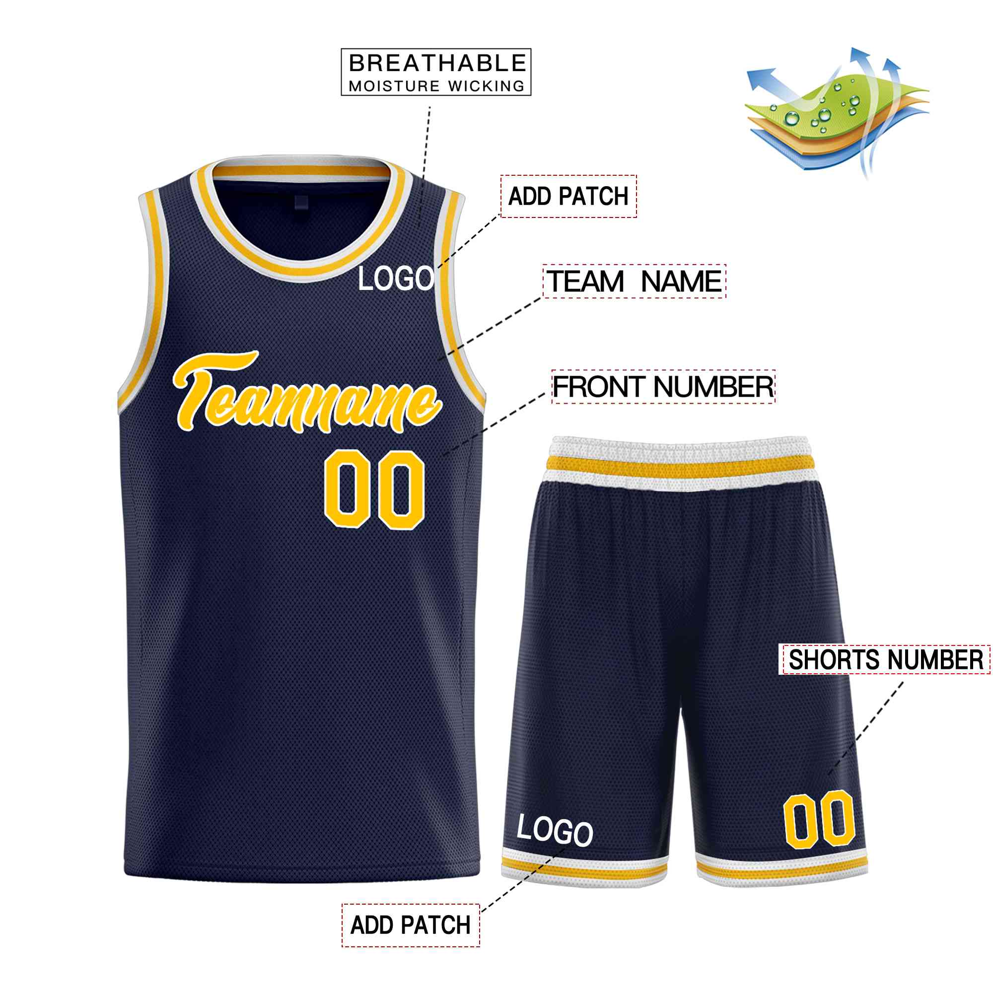 Custom Navy Yellow-White Heal Sports Uniform Classic Sets Basketball Jersey