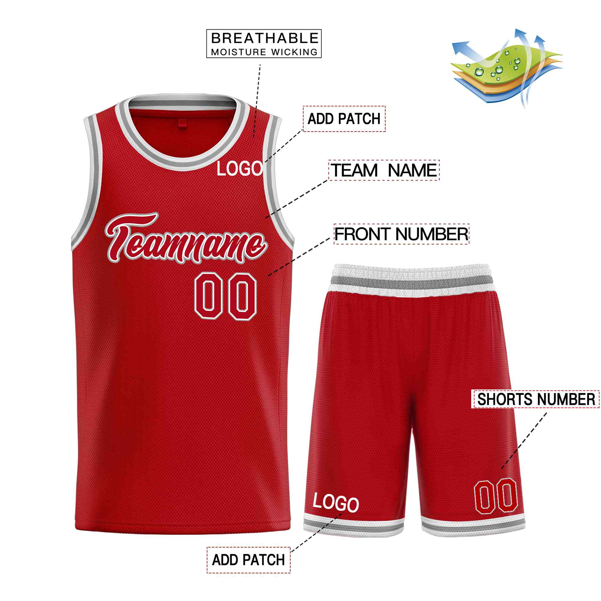 Uniforme de sport de guérison blanc rouge personnalisé, ensembles classiques de maillot de basket-ball