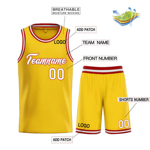 Uniforme de sport personnalisé jaune blanc-rouge, ensembles classiques de basket-ball, maillot de basket-ball