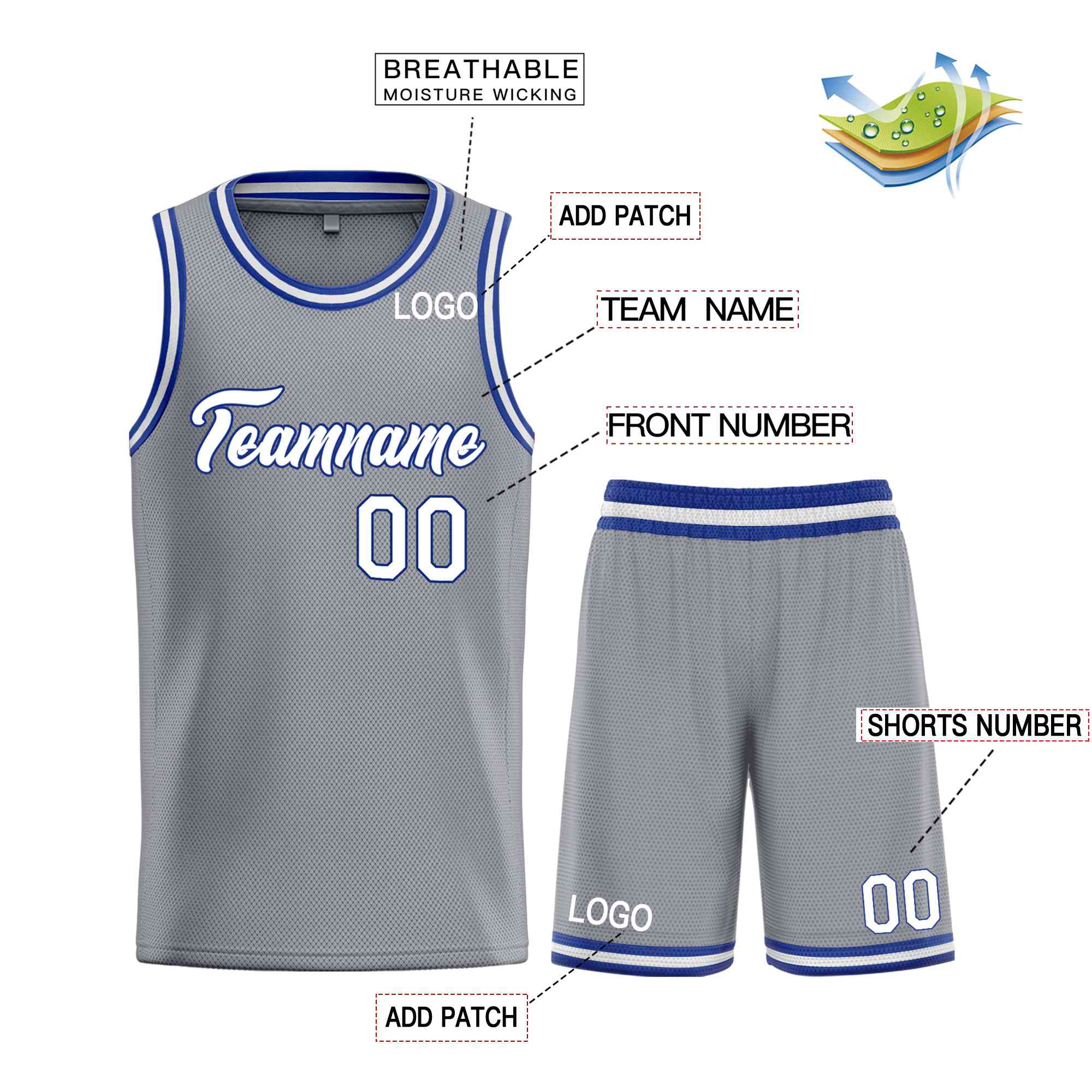 Uniforme de sport personnalisé gris foncé blanc-Royal Heal, ensembles classiques, maillot de basket-ball