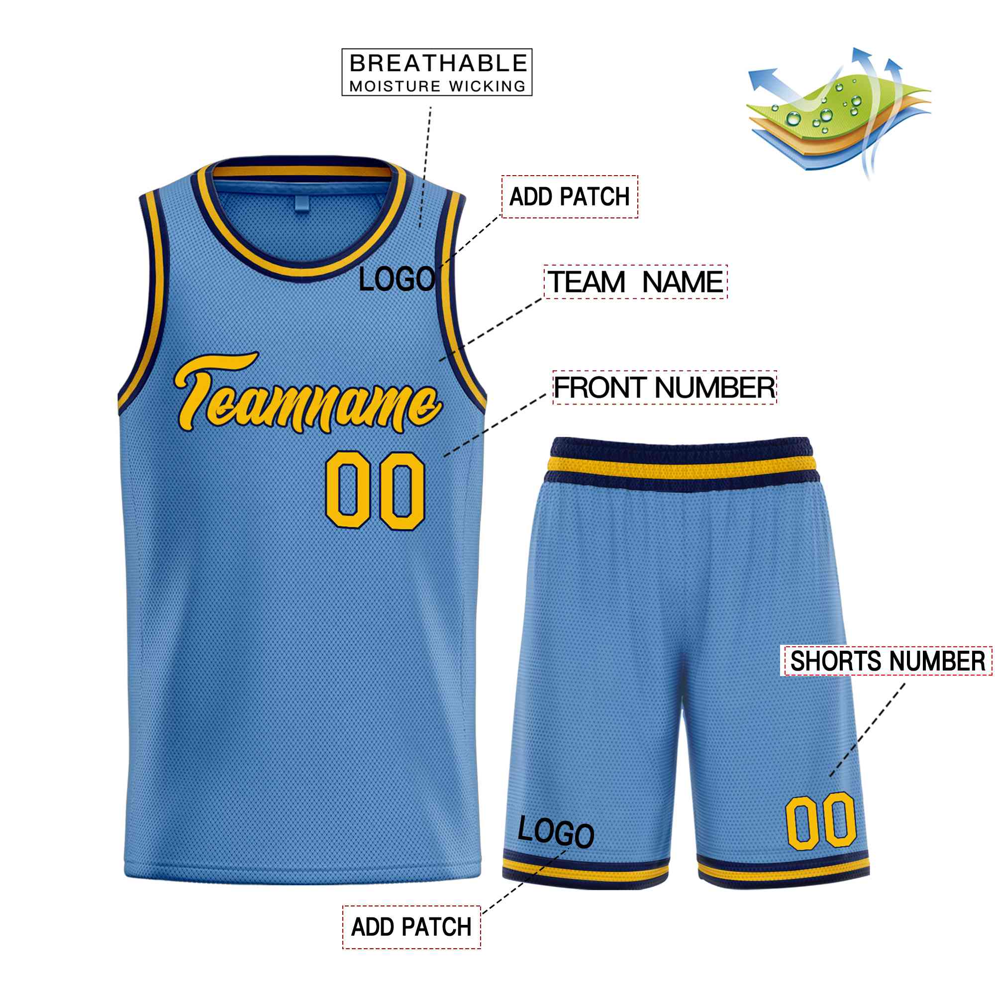 Uniforme de sport personnalisé bleu clair jaune-marine, ensembles classiques de basket-ball, maillot de basket-ball