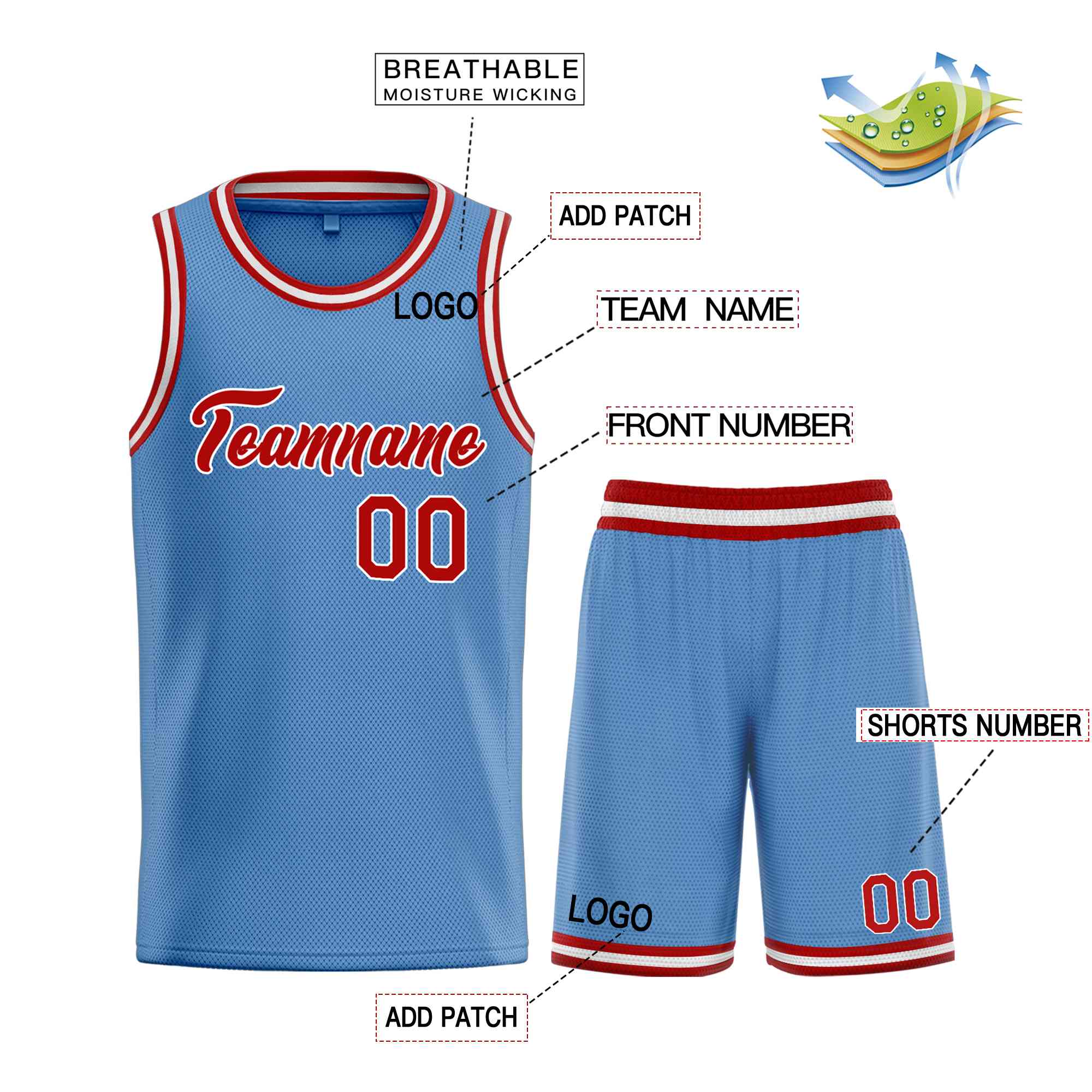 Custom Light Blue Red-White Heal Sports Uniform Classic Sets Basketball Jersey