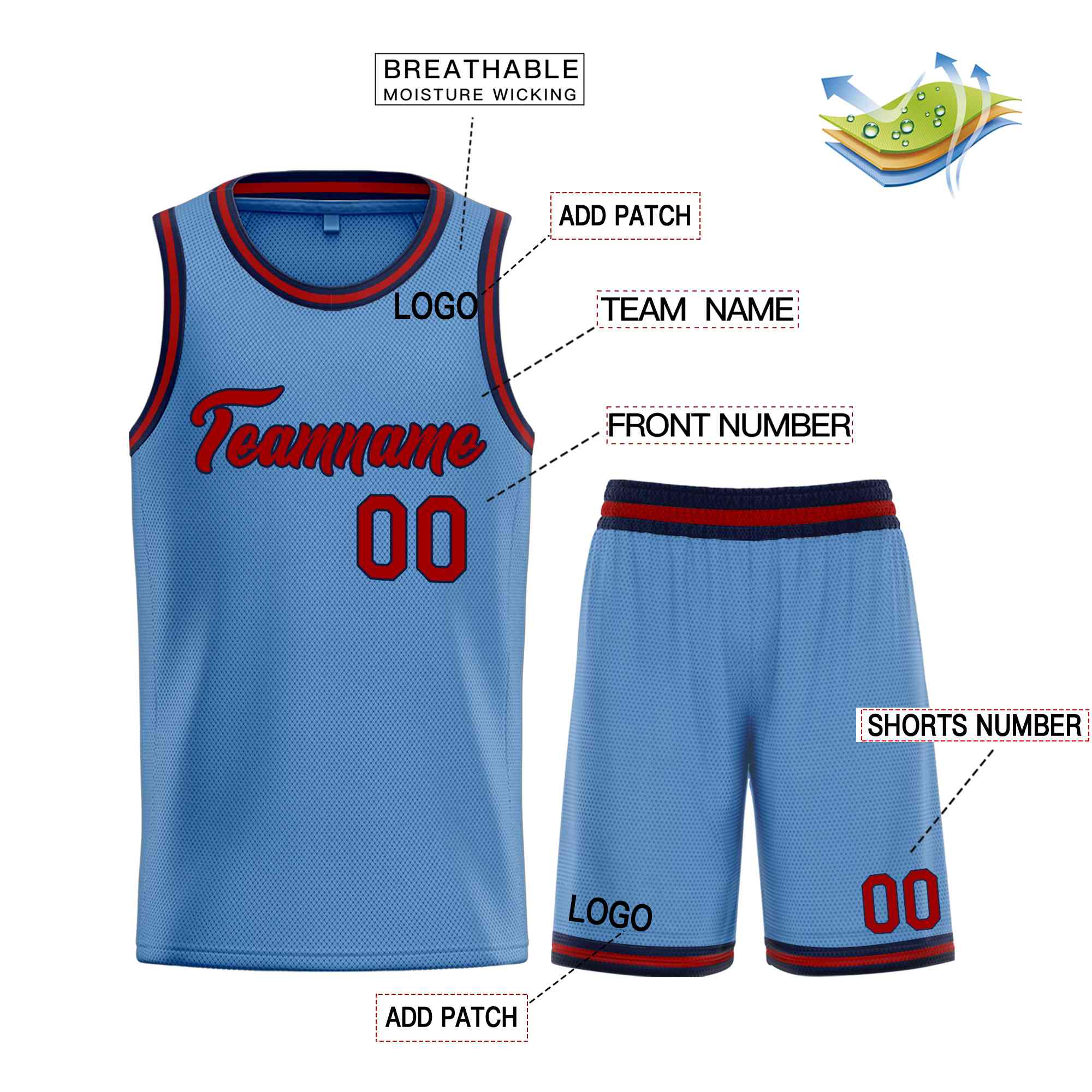 Custom Light Blue Red-Navy Heal Sports Uniform Classic Sets Basketball Jersey