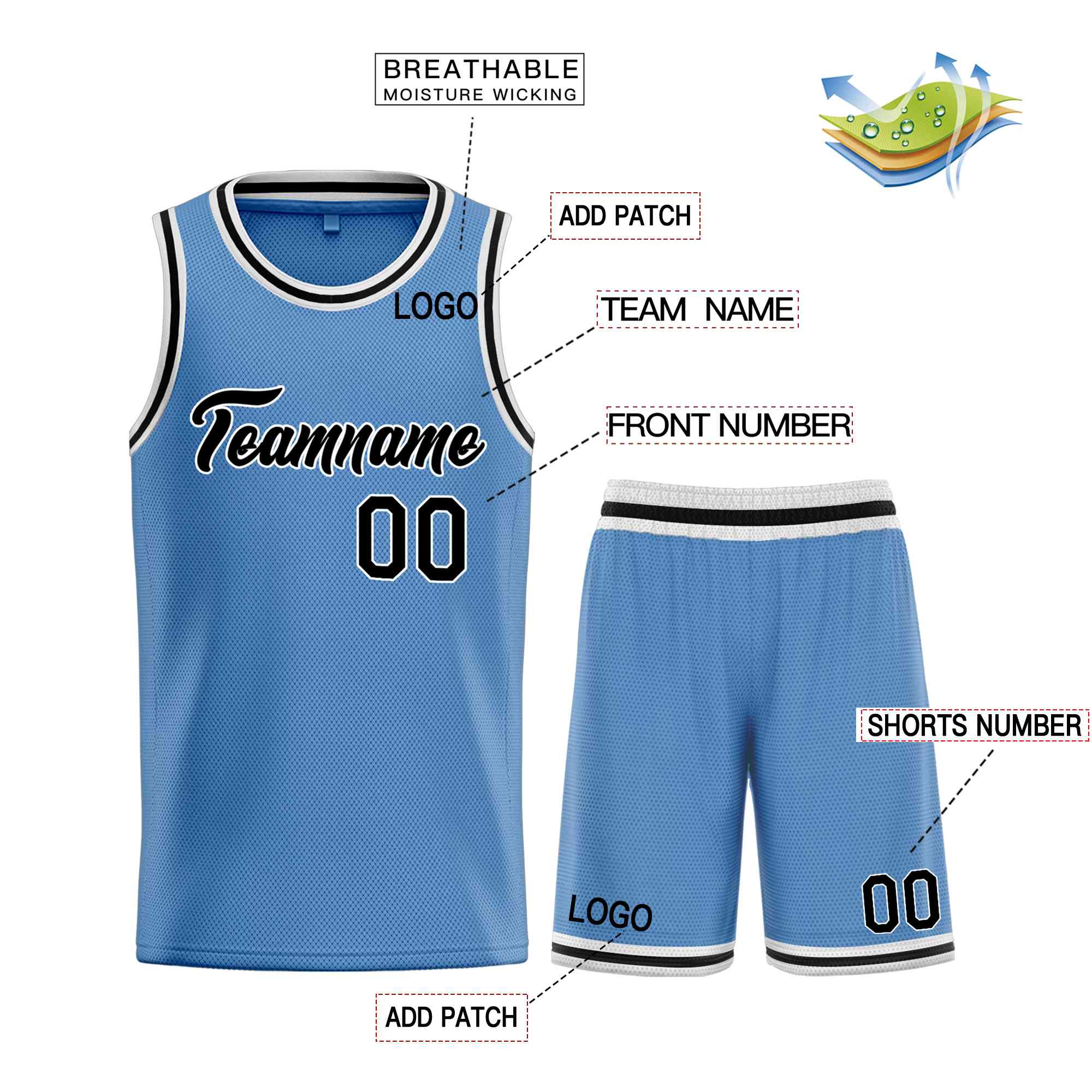 Custom Light Blue Black-White Heal Sports Uniform Classic Sets Basketball Jersey