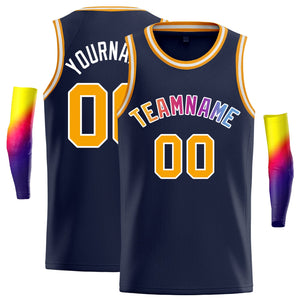 Custom Navy White-Yellow Classic Tops Hip Hop Basketball Jersey