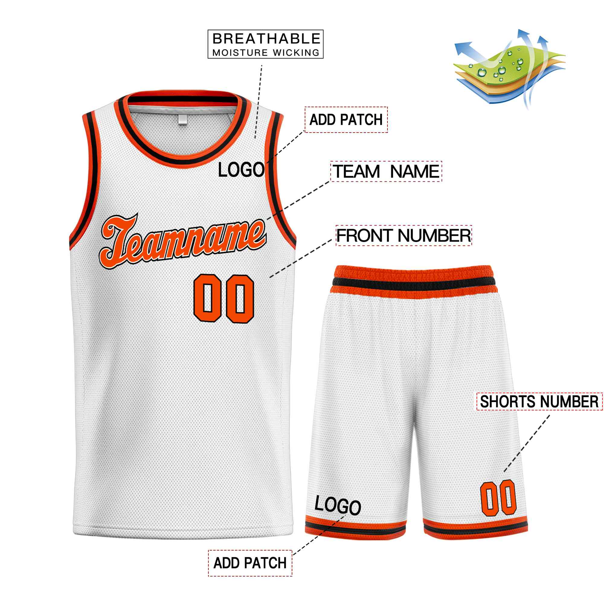 Maillot de basket-ball uniforme de sport, ensemble classique blanc Orange-noir personnalisé