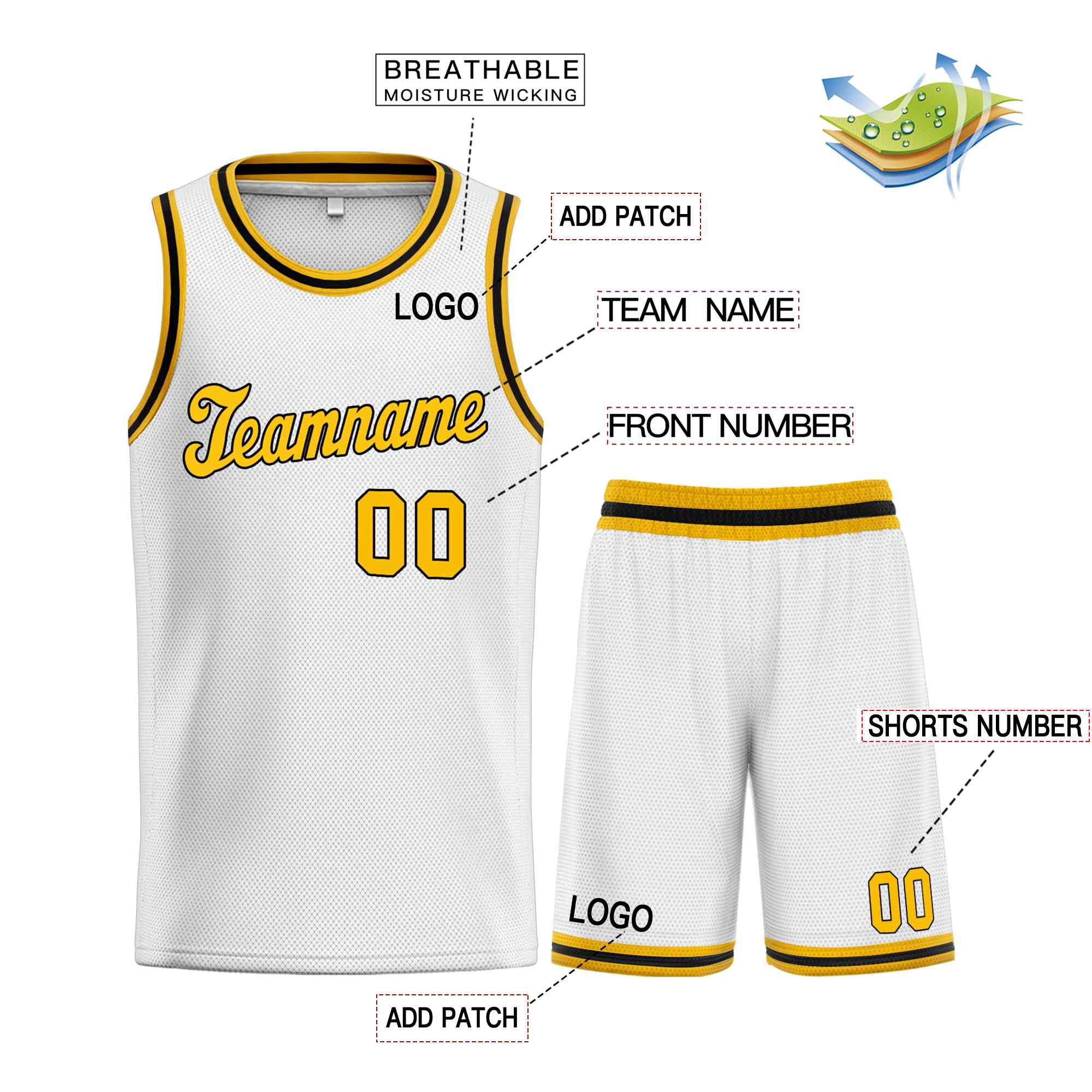 Ensembles classiques personnalisés blanc jaune-noir, maillot de basket-ball uniforme de sport