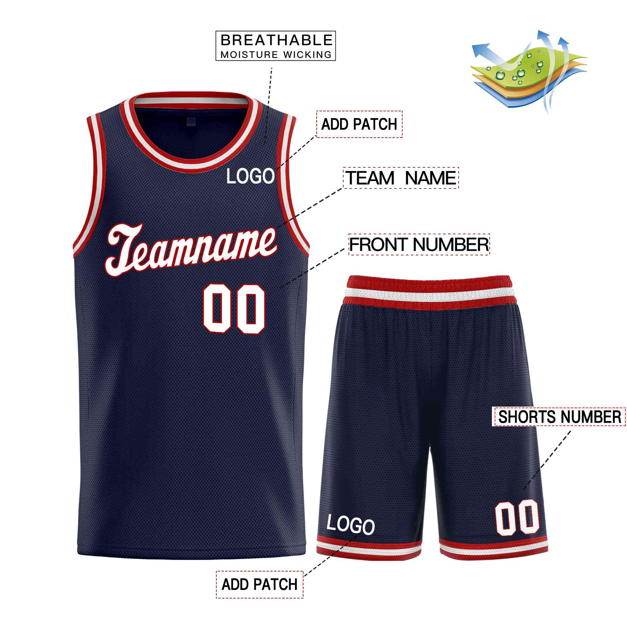 Maillot de basket-ball uniforme de sport, ensembles classiques blancs-rouges personnalisés de la marine