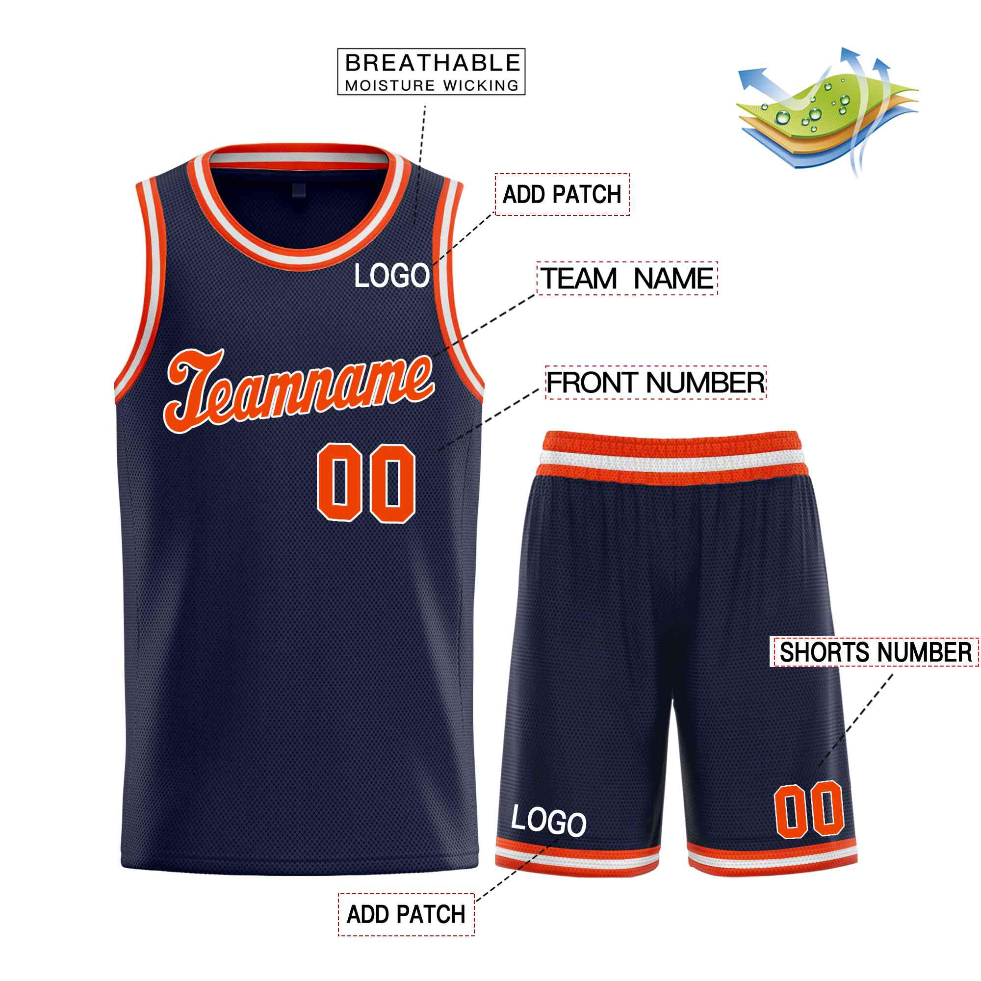 Maillot de basket-ball d'uniforme de sport d'ensembles classiques orange-blanc faits sur commande de marine