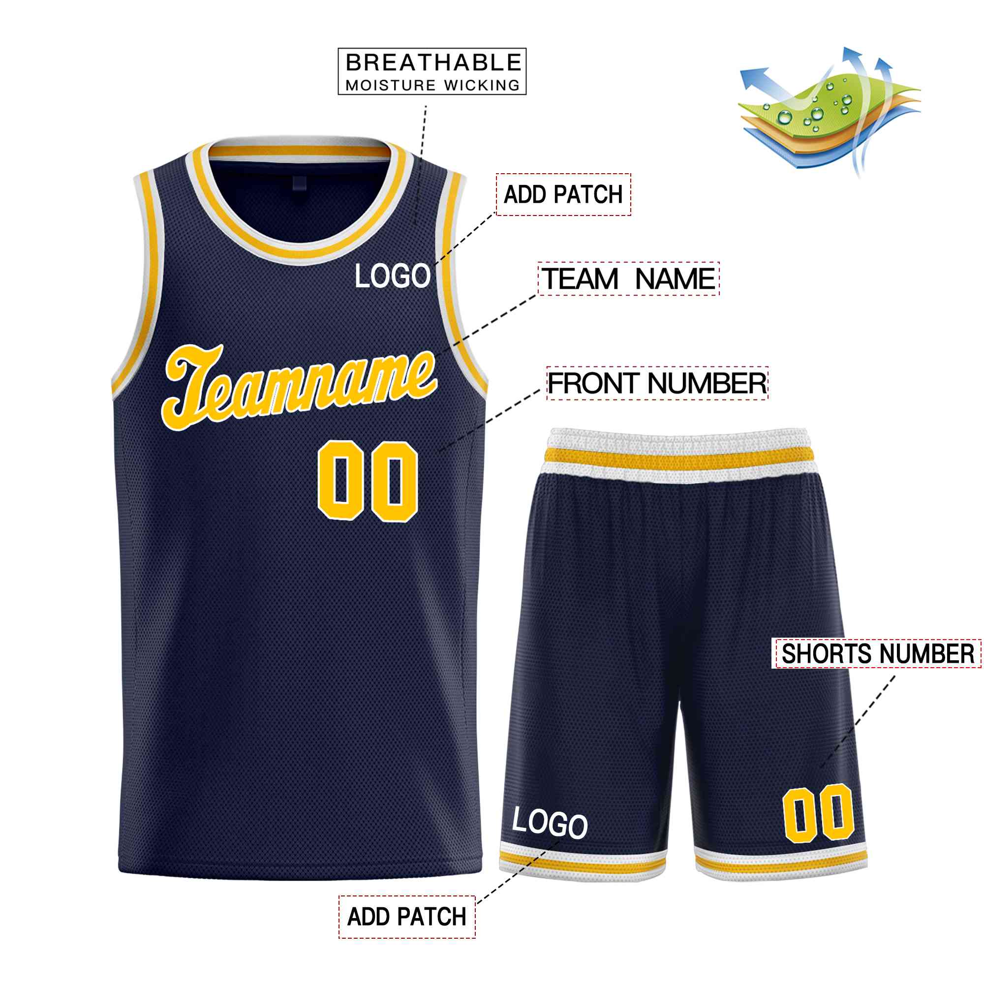 Maillot de basket-ball uniforme de sport personnalisé, ensembles classiques jaune-blanc marine