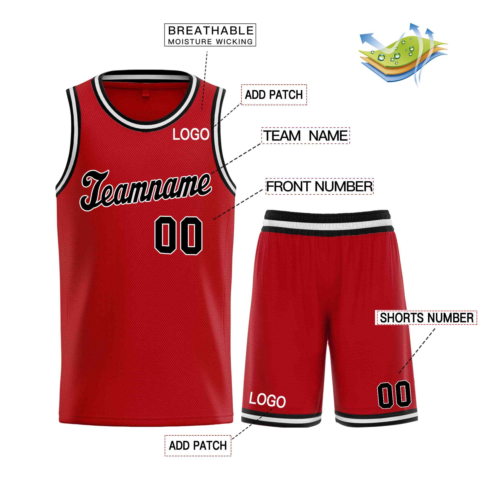 Maillot de basket-ball uniforme de sport, ensembles classiques rouge noir-blanc personnalisés