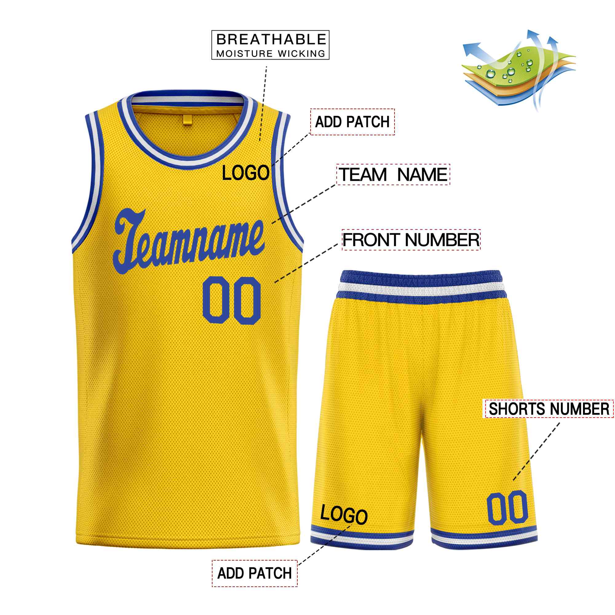 Le classique royal jaune fait sur commande place le maillot uniforme de basket-ball de sports