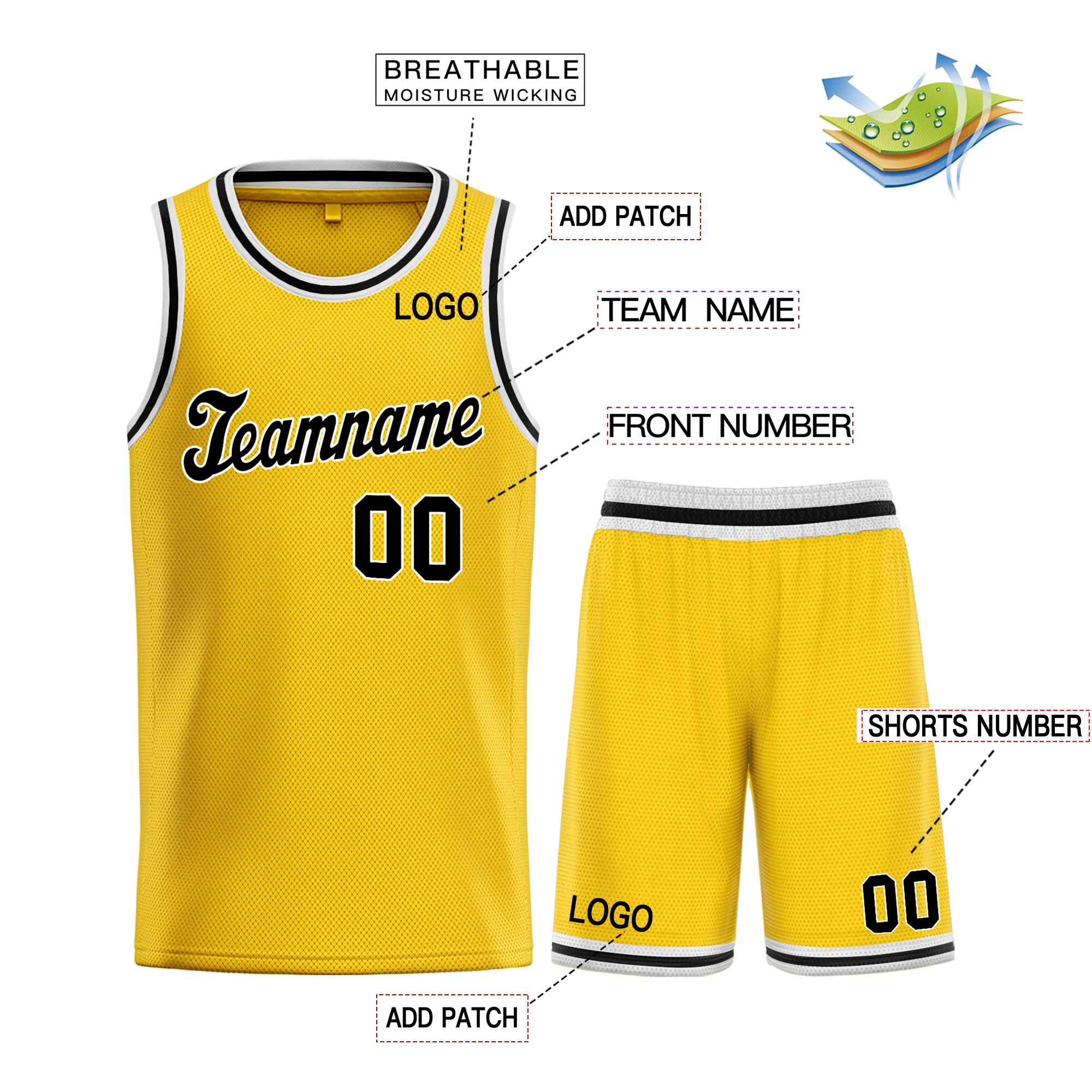 Ensembles classiques jaunes, noirs et blancs personnalisés, uniforme de sport, maillot de basket-ball