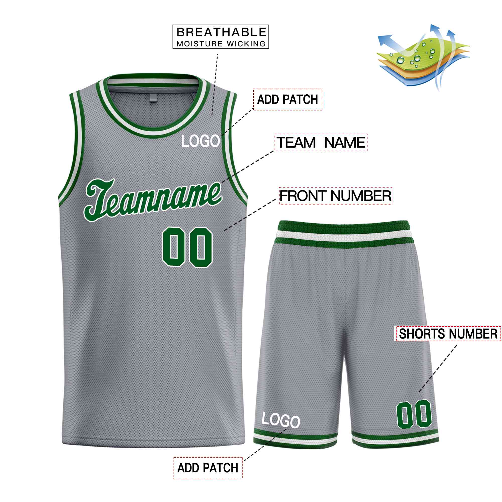 Maillot de basket-ball uniforme de sport, ensembles classiques gris foncé vert-blanc personnalisés