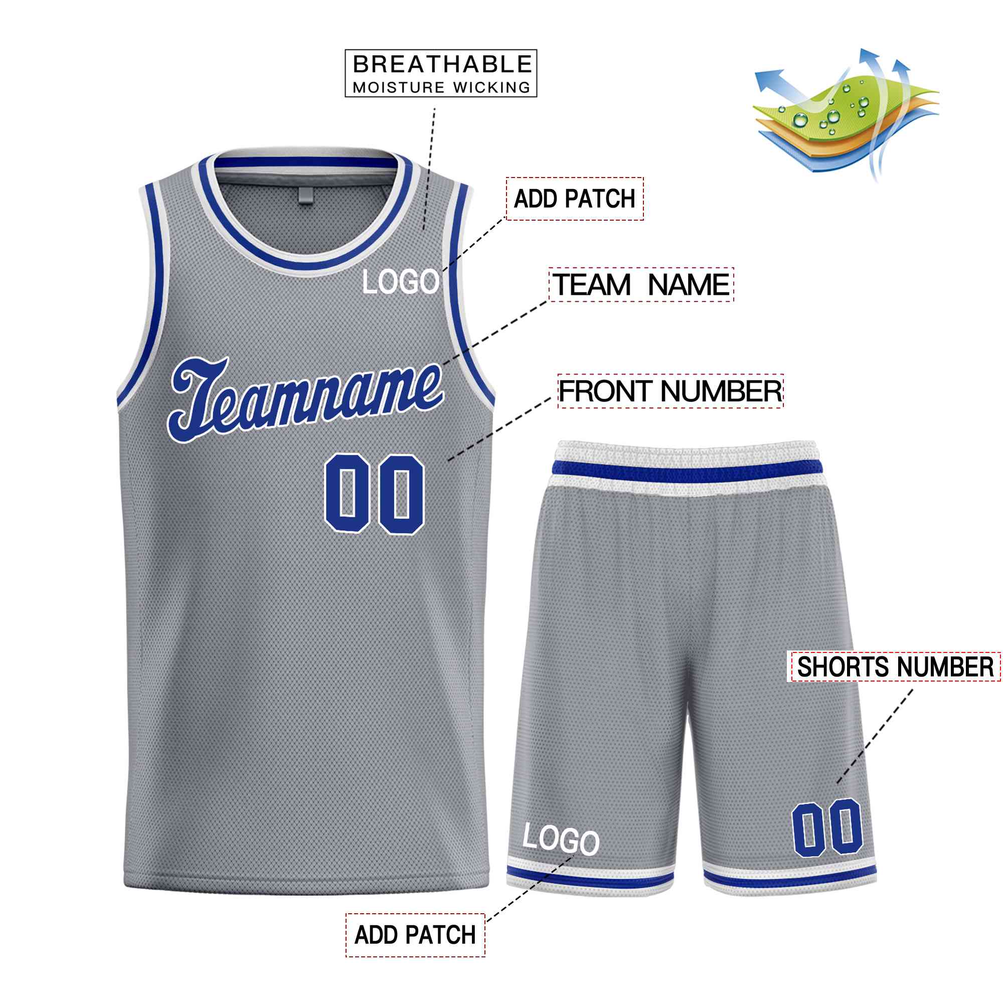 Maillot de basket-ball uniforme de sport, ensembles classiques gris foncé Royal-blanc personnalisés