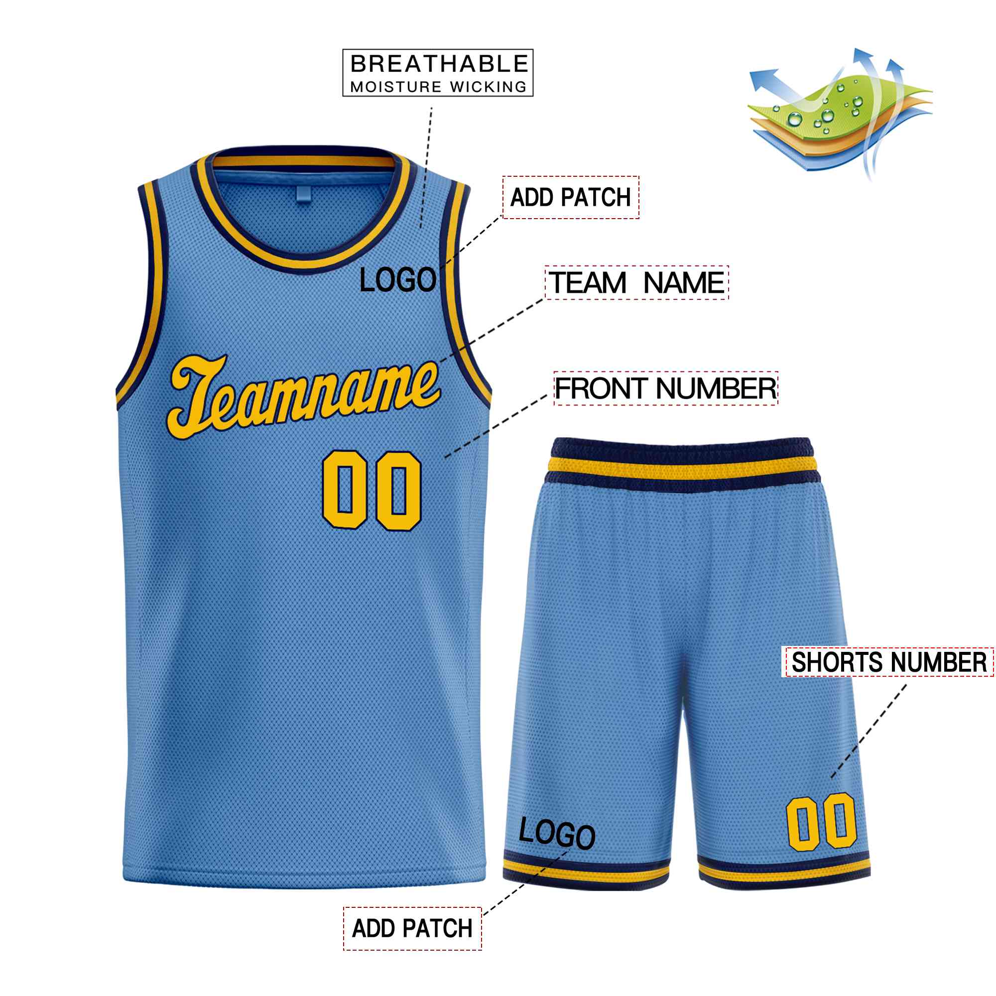 Maillot de basket-ball uniforme de sport, ensembles classiques bleu clair jaune-marine personnalisés