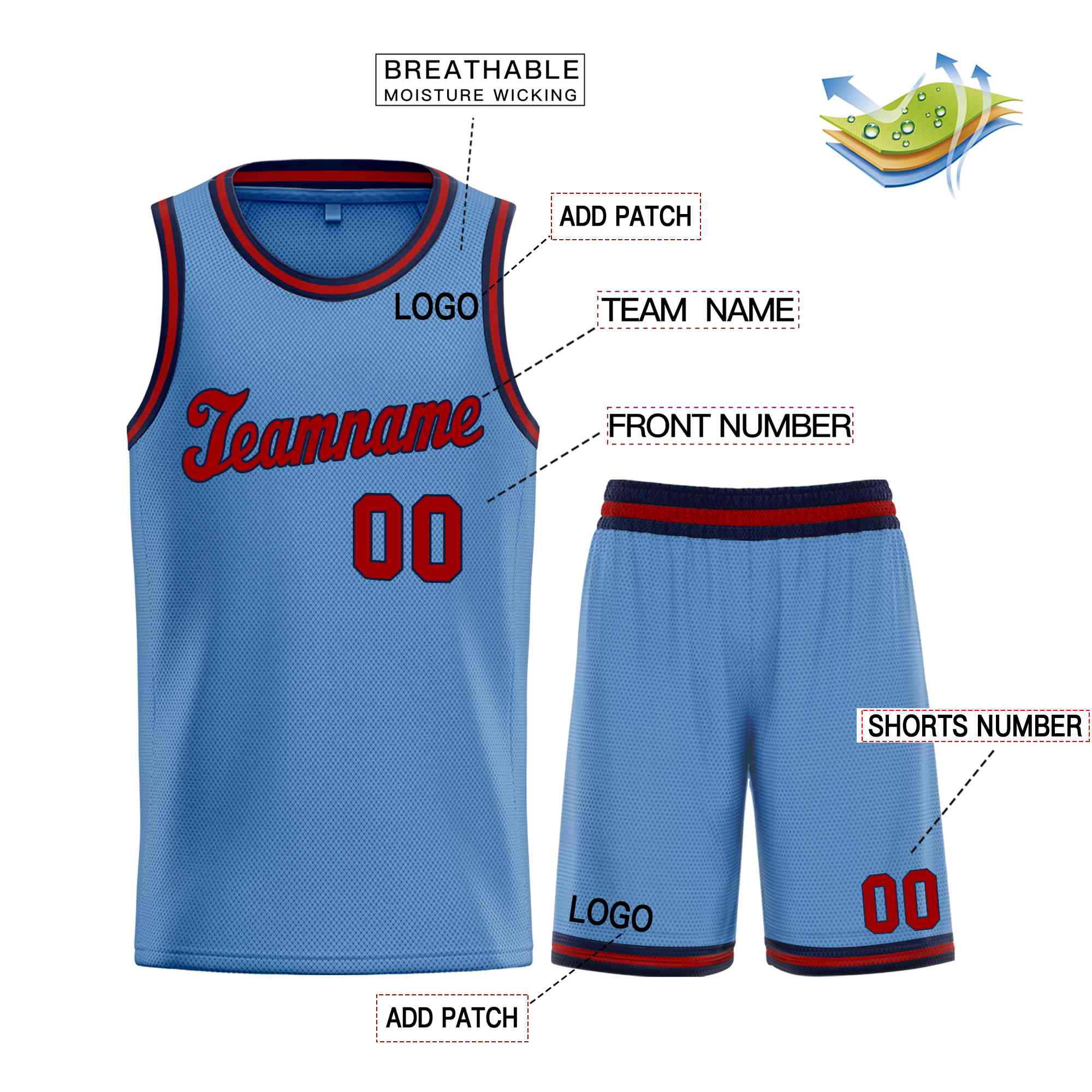 Ensemble classique bleu clair et rouge personnalisé, uniforme de sport, maillot de basket-ball