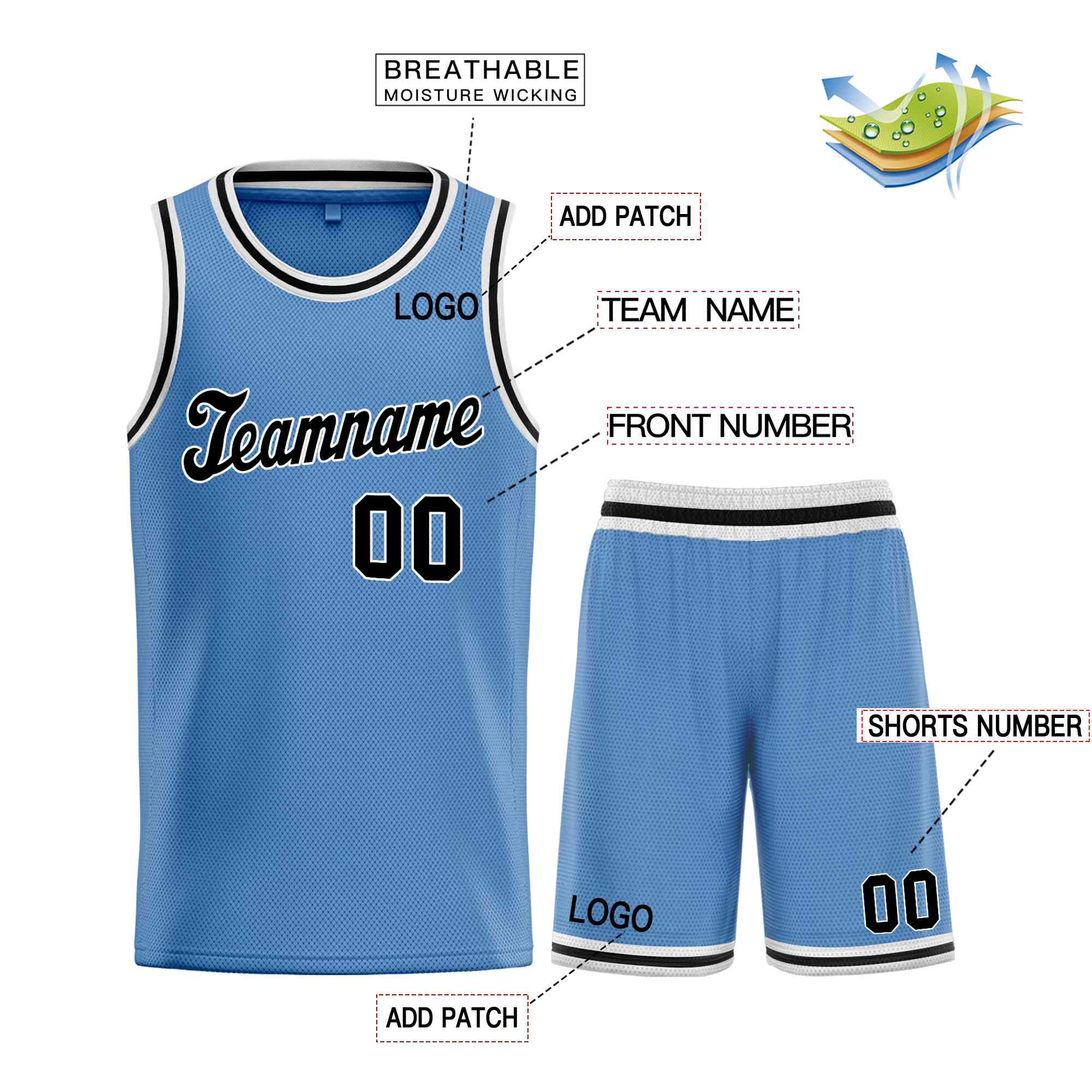 Maillot de basket-ball uniforme de sport, ensembles classiques bleu clair noir-blanc personnalisés