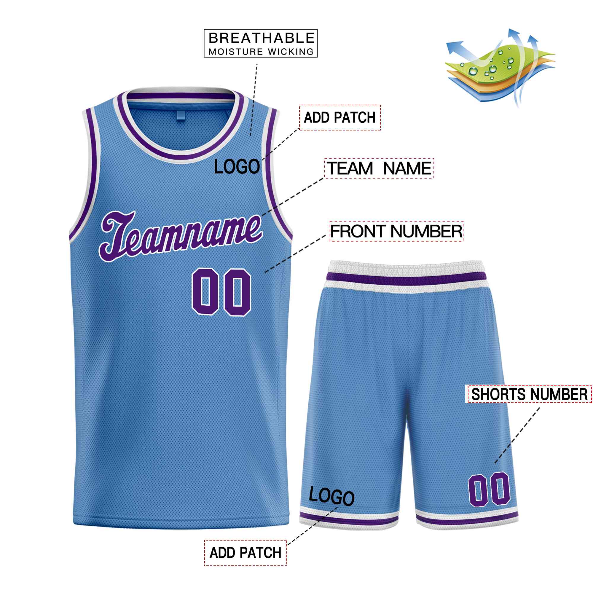 Maillot de basket-ball uniforme de sport, ensembles classiques bleu clair violet-blanc personnalisés