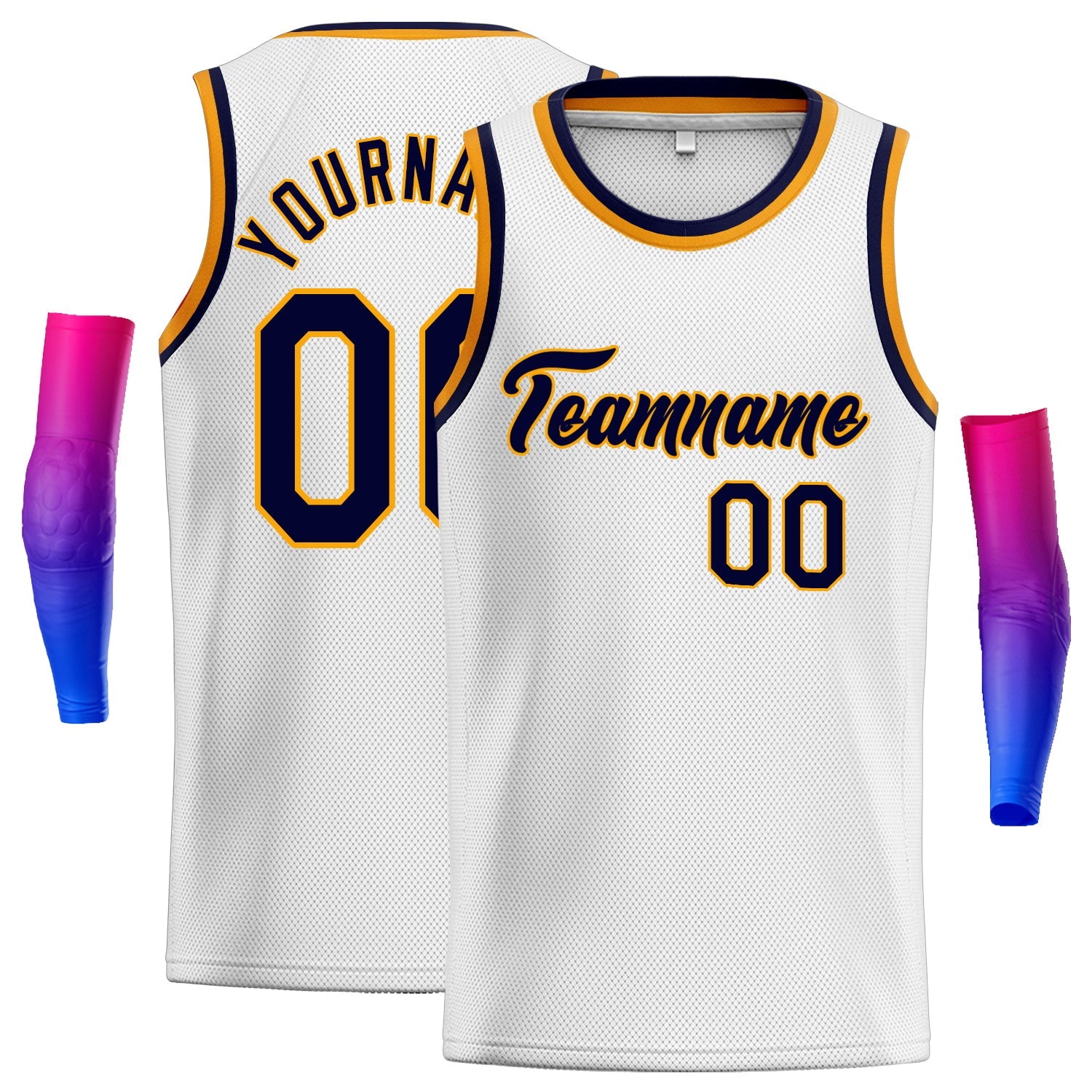 Maillot de basket-ball classique personnalisé, blanc, jaune marine, authentique