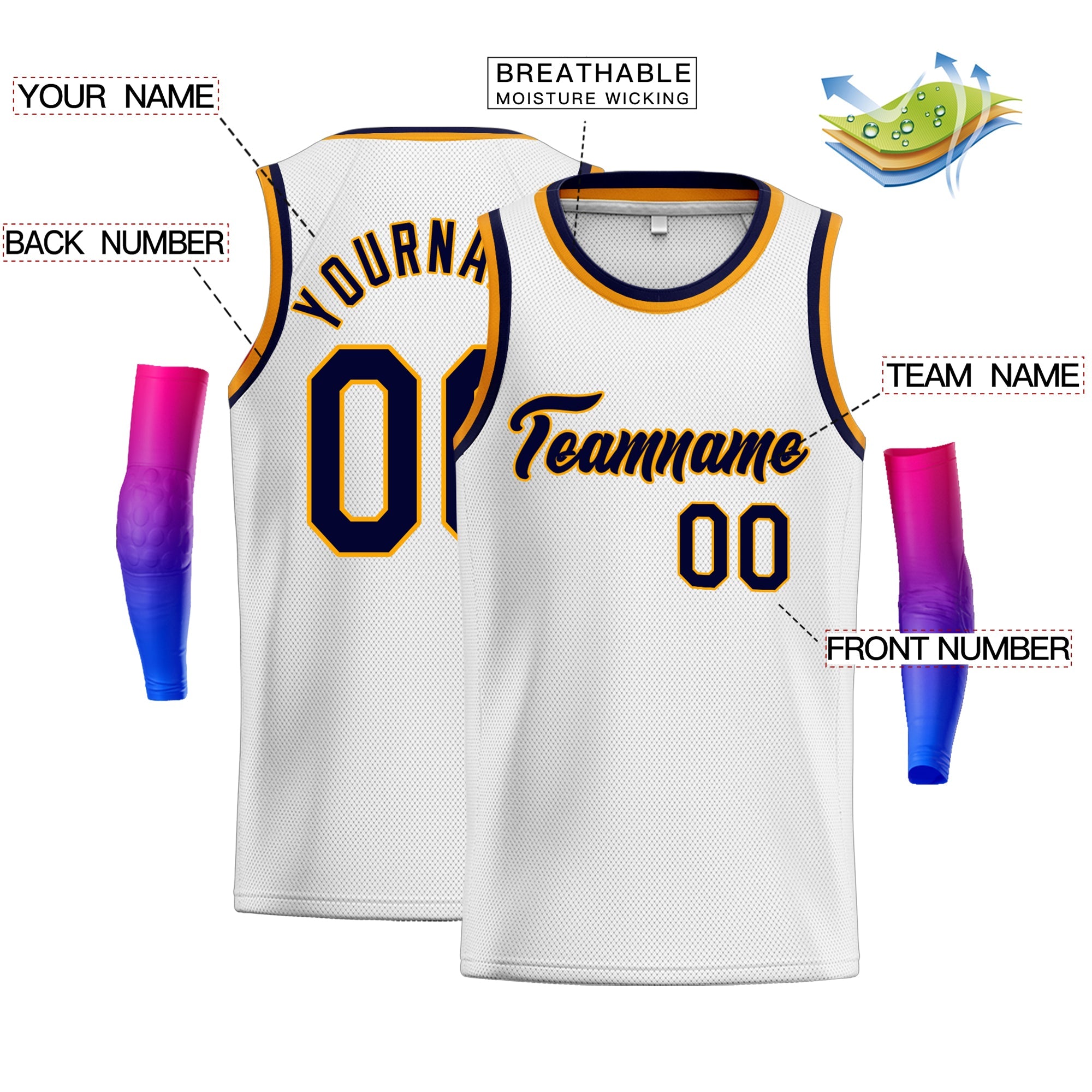 Maillot de basket-ball classique personnalisé, blanc, jaune marine, authentique