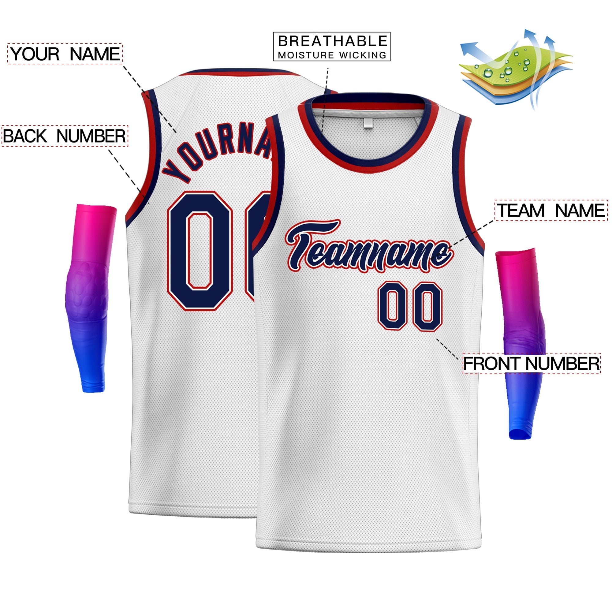 Custom White Navy-Red Classic Tops Basketball Jersey