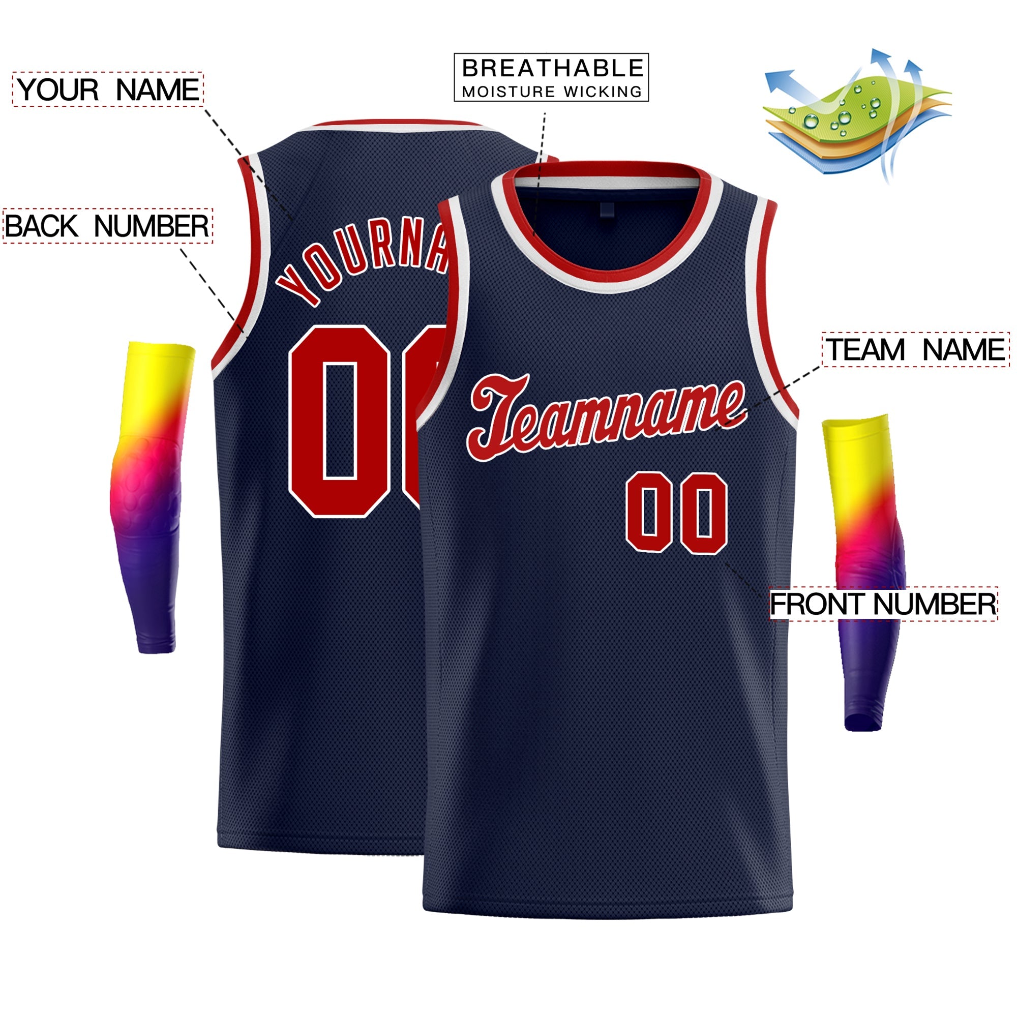 Custom Navy Red-White Classic Tops Mesh Basketball Jersey