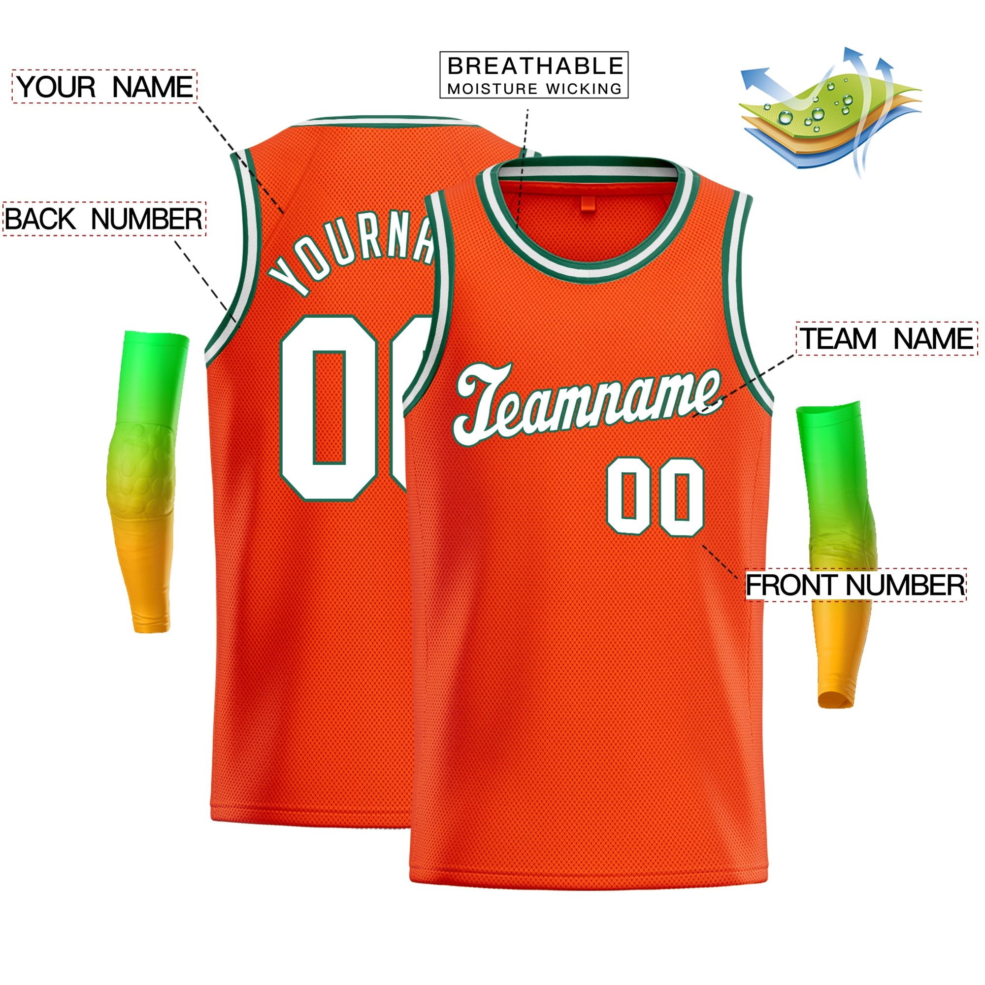 Maillot de basket-ball classique personnalisé Orange blanc-vert pour hommes/garçon