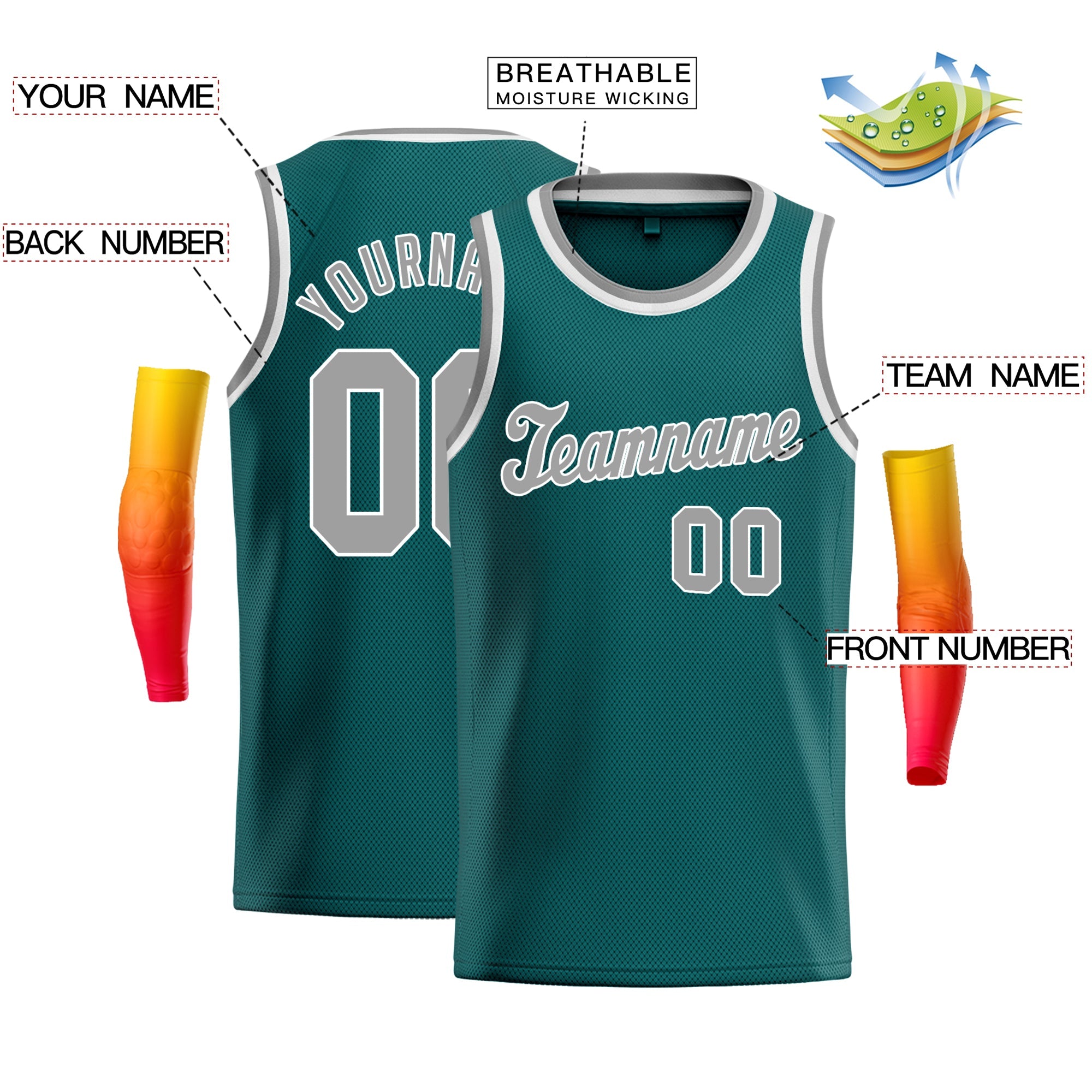 Custom Teal Gray-White Classic Tops Fashion Sportwear Basketball Jersey