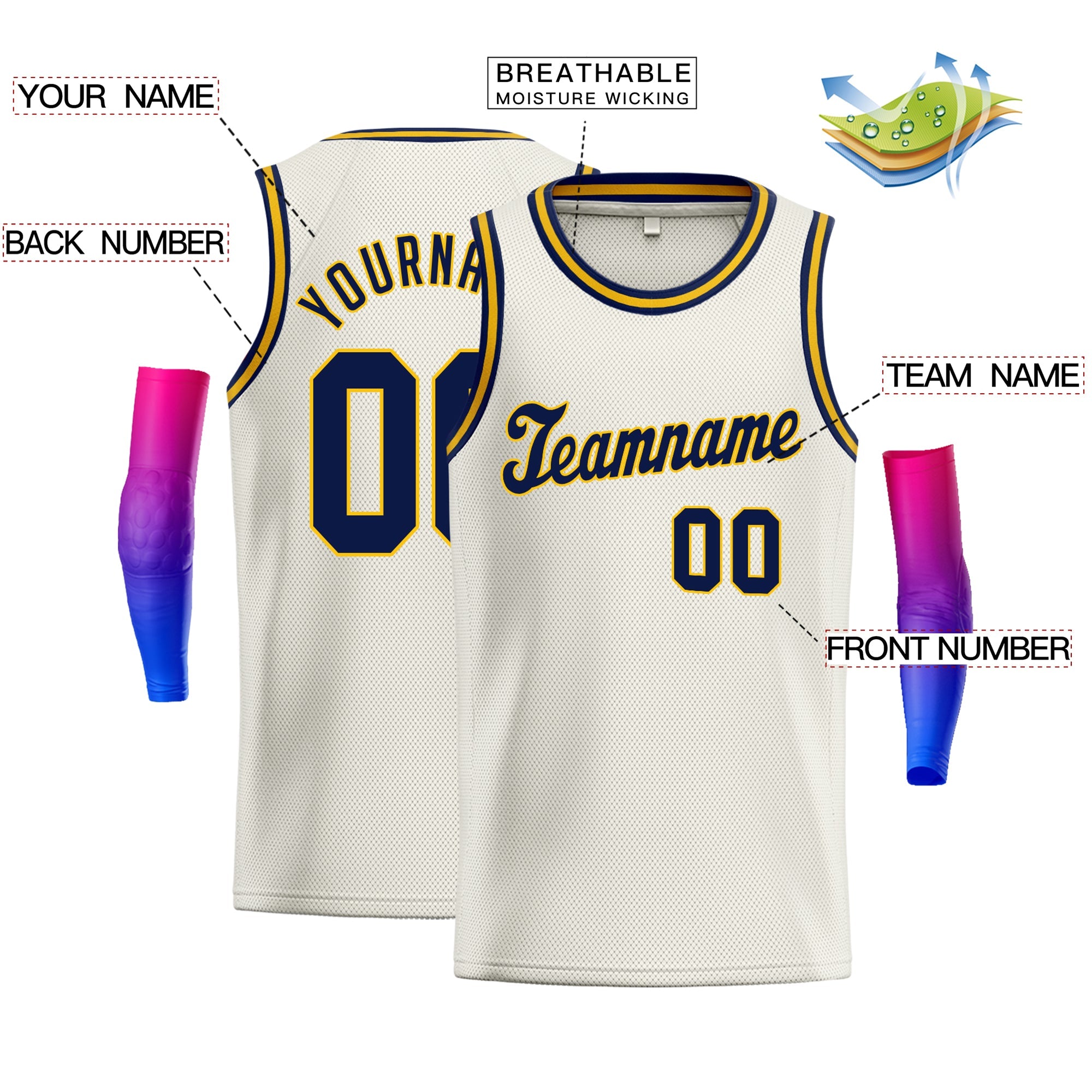 Custom Cream Navy-Yellow Classic Tops Athletic Basketball Jersey