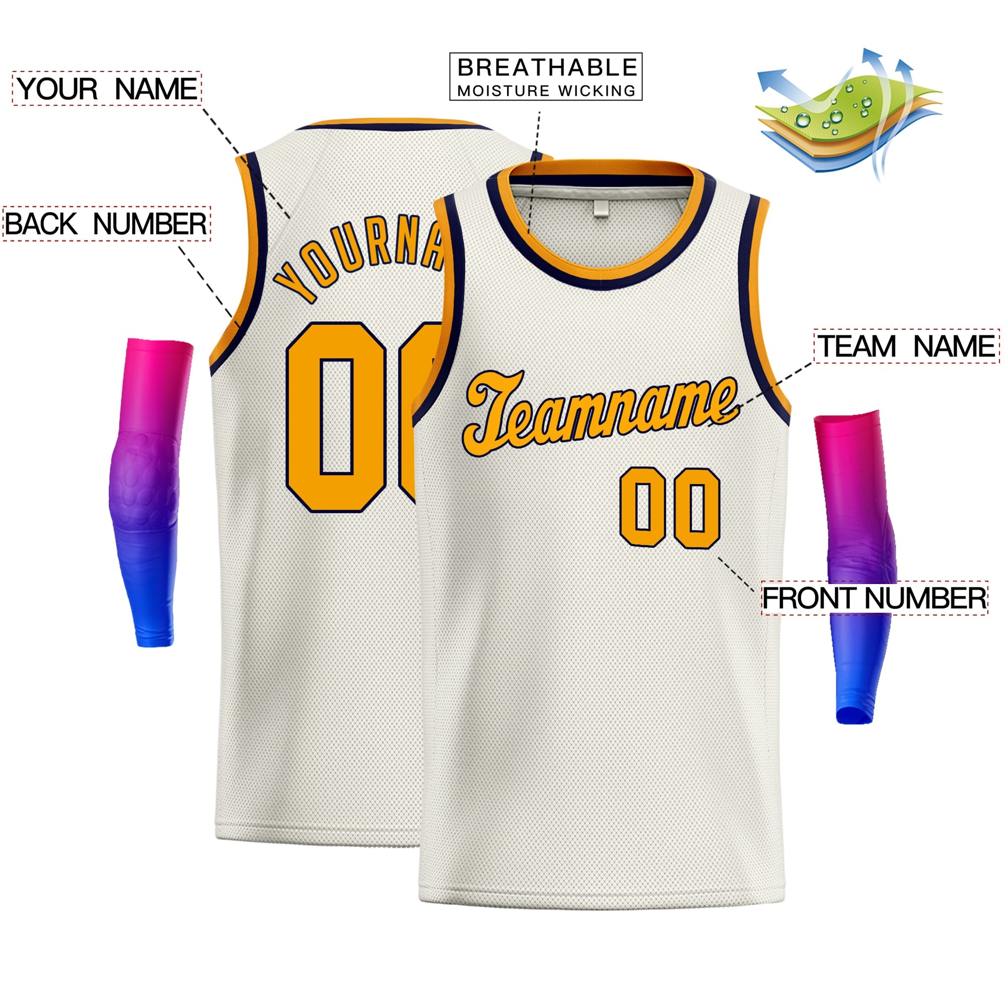 Custom Cream Yellow-Navy Classic Tops Breathable Basketball Jersey