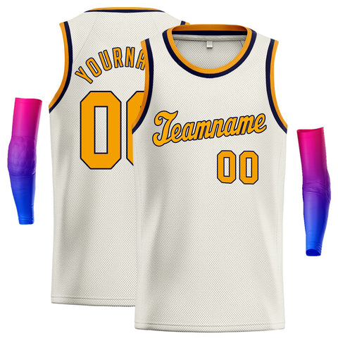 Custom Cream Yellow-Navy Classic Tops Breathable Basketball Jersey
