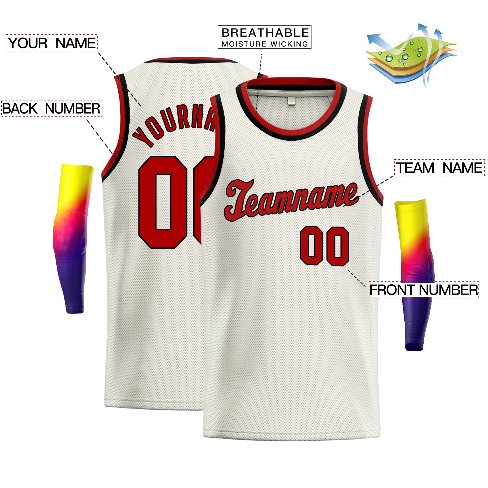 Custom Cream Red Black Classic Tops Athletic Basketball Jersey