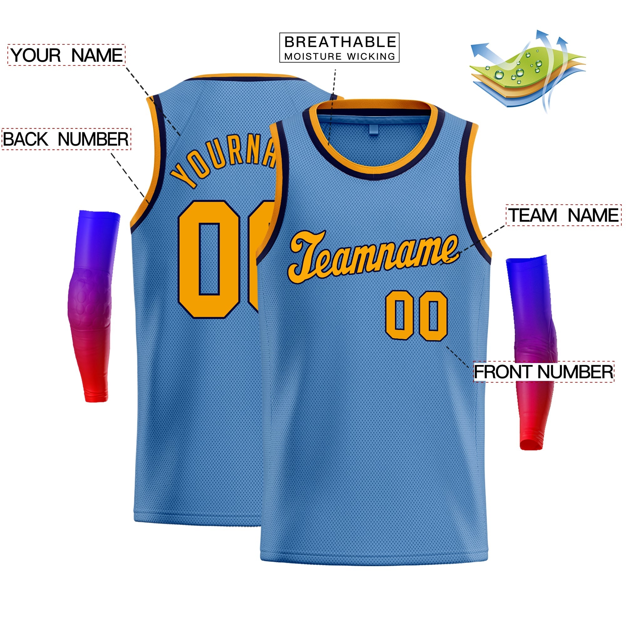 Maillot de basket-ball classique personnalisé, bleu clair, jaune-marine, à la mode, vêtements de sport