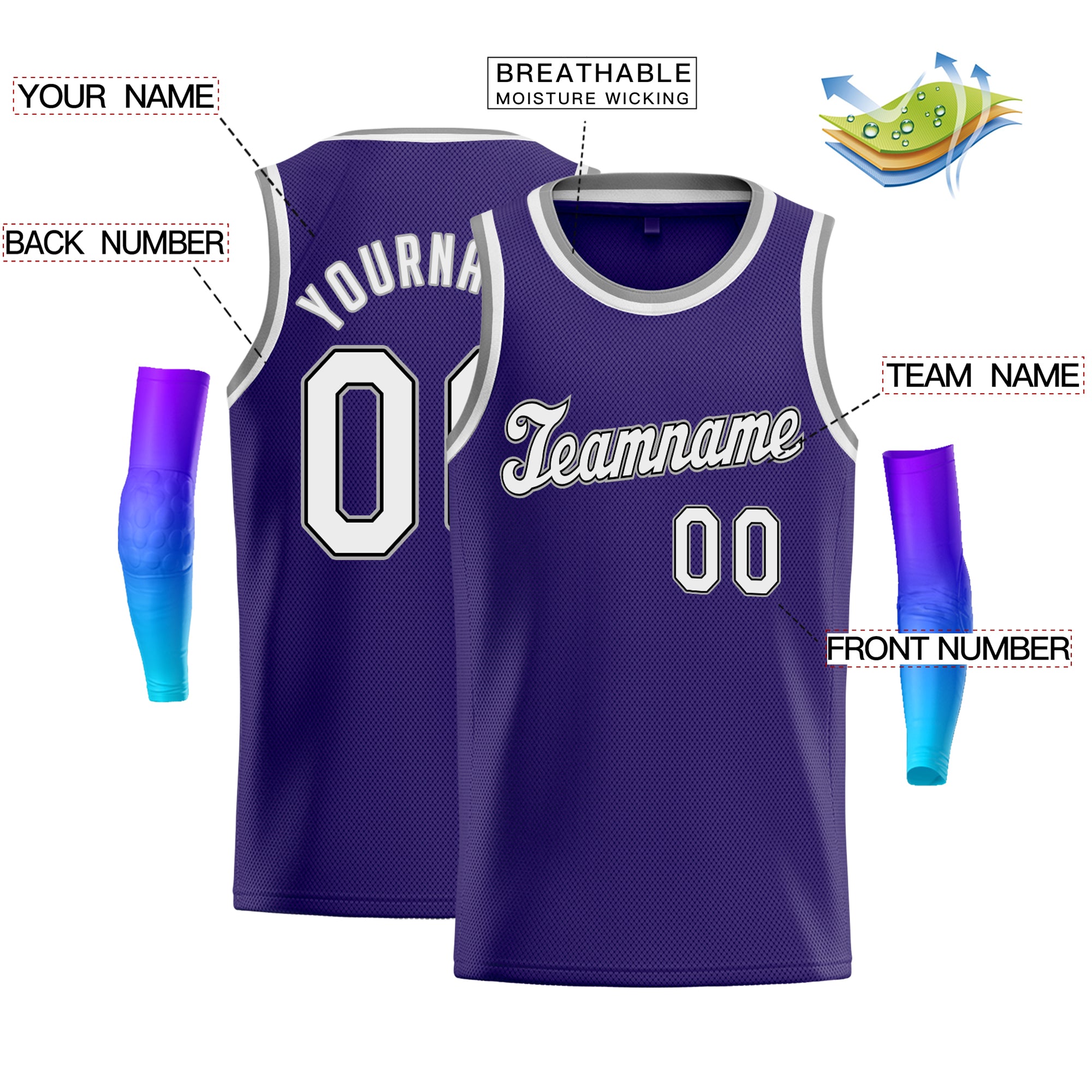 Maillot de basket-ball quotidien personnalisé pour hommes, haut classique violet gris-blanc décontracté