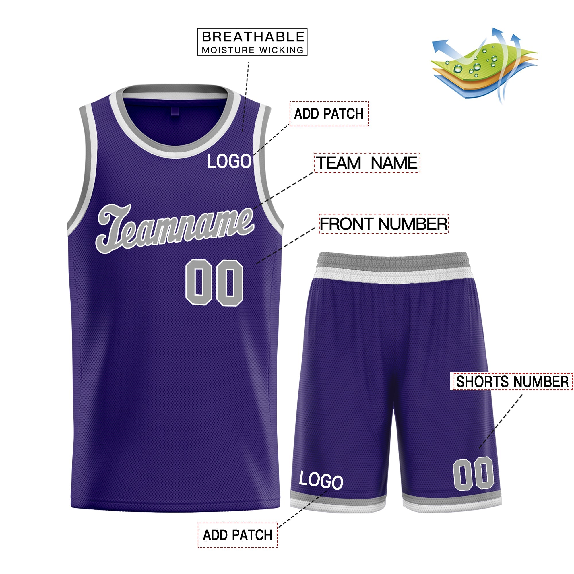 Maillot de basket-ball personnalisé, ensembles classiques gris violet