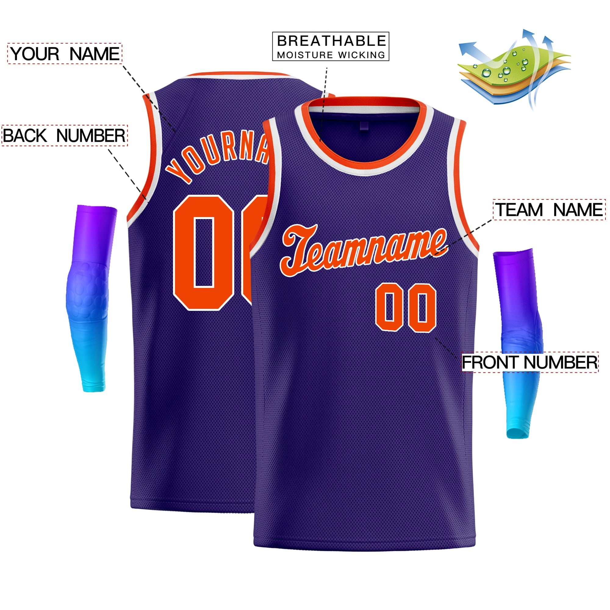 Maillot de basket-ball décontracté pour hommes, haut classique violet Orange-blanc personnalisé