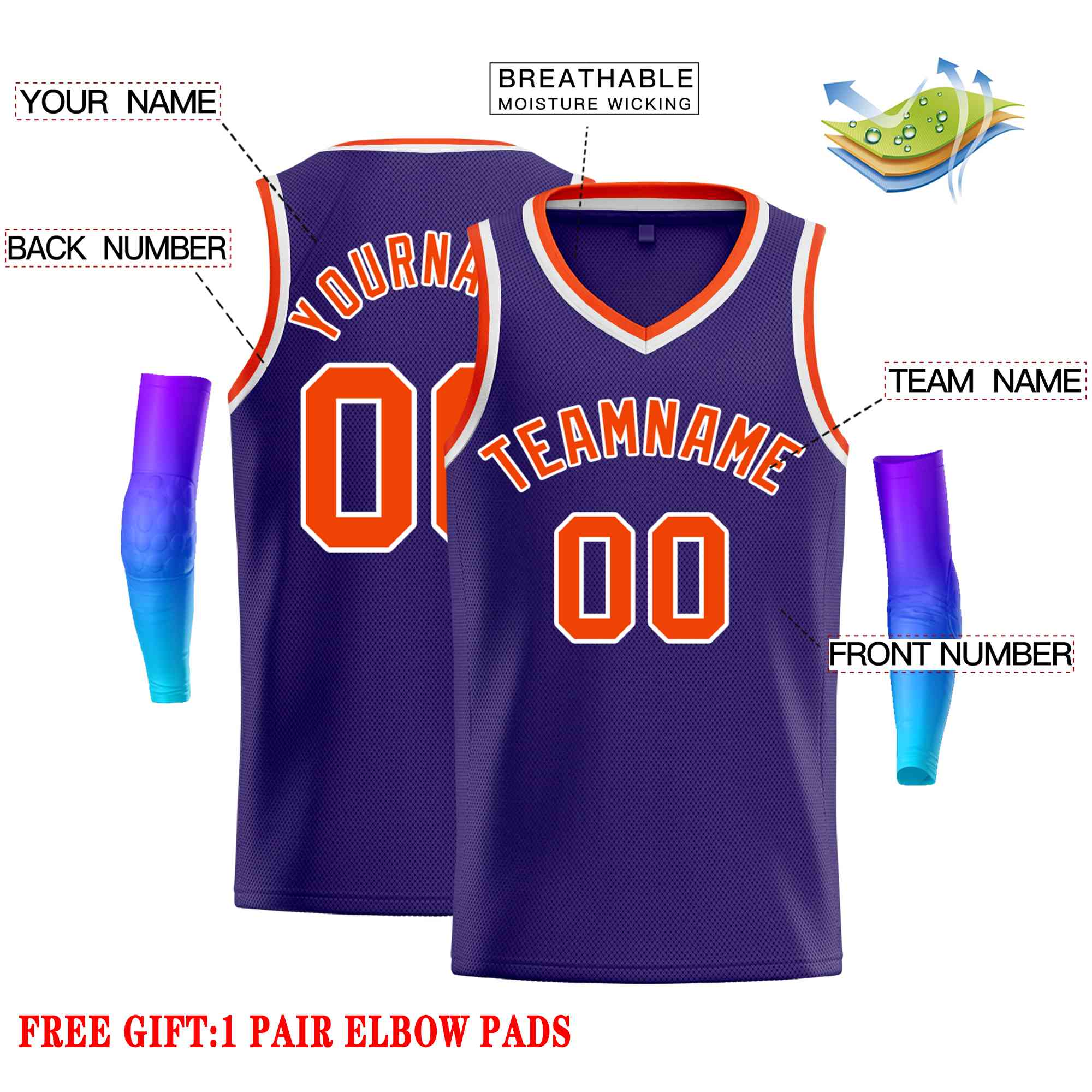 Maillot de basket-ball décontracté pour hommes, haut classique violet Orange-blanc personnalisé