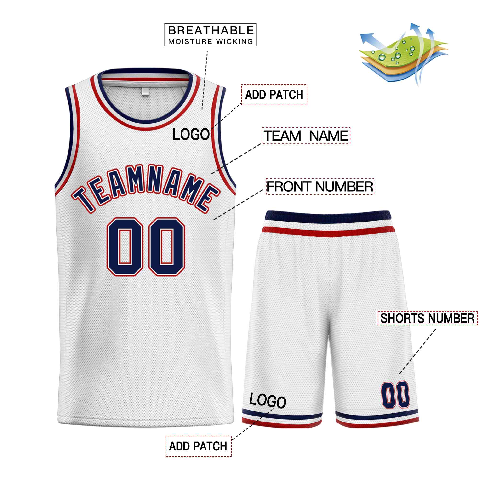 Custom White Navy-Red Classic Sets Curved Basketball Jersey