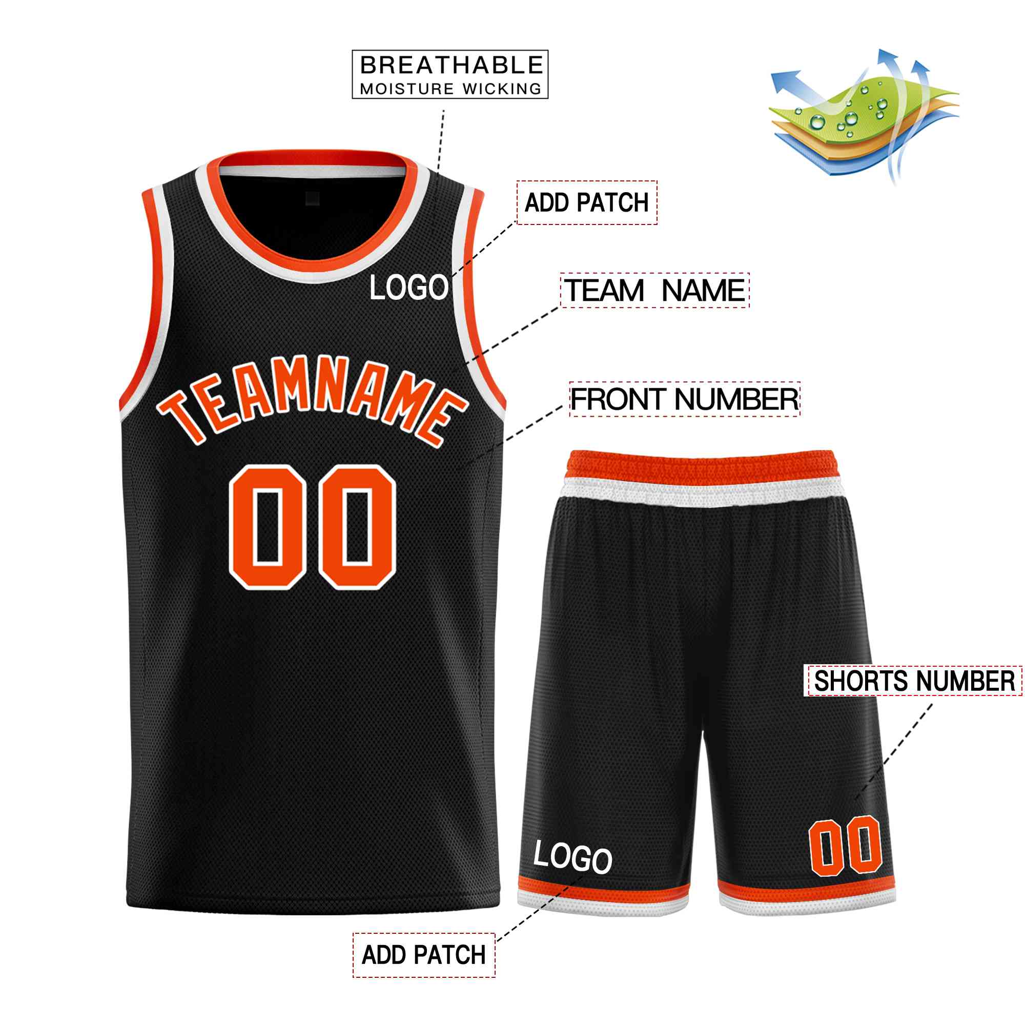 Maillot de basket-ball incurvé personnalisé, noir, Orange-blanc, ensembles classiques