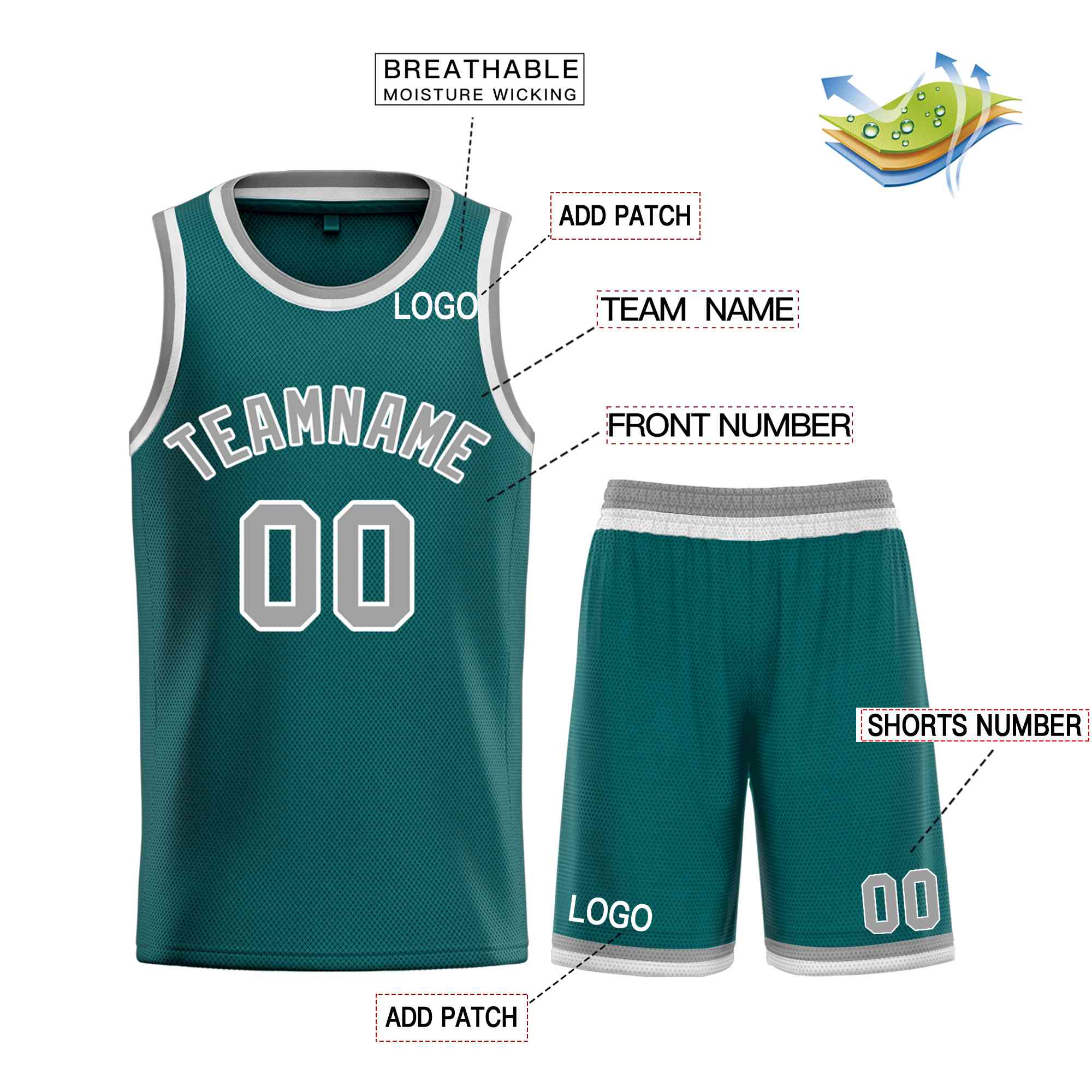 Maillot de basket-ball incurvé personnalisé Aqua gris-blanc Bull Classic