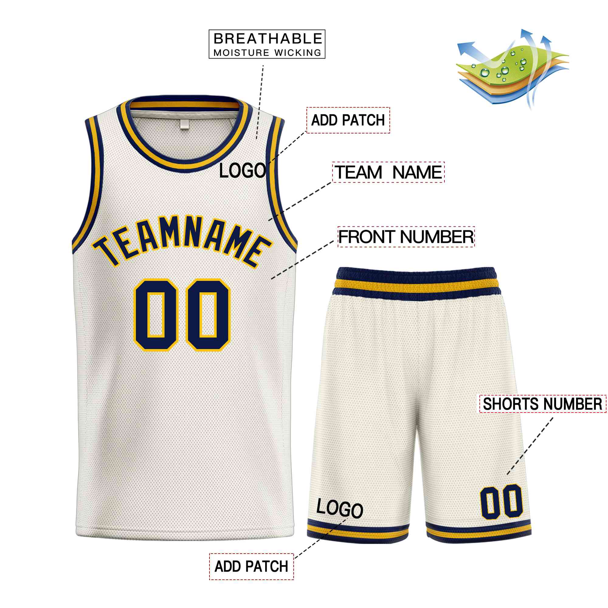 Maillot de basket-ball Bull personnalisé, crème, jaune marine, ensembles classiques